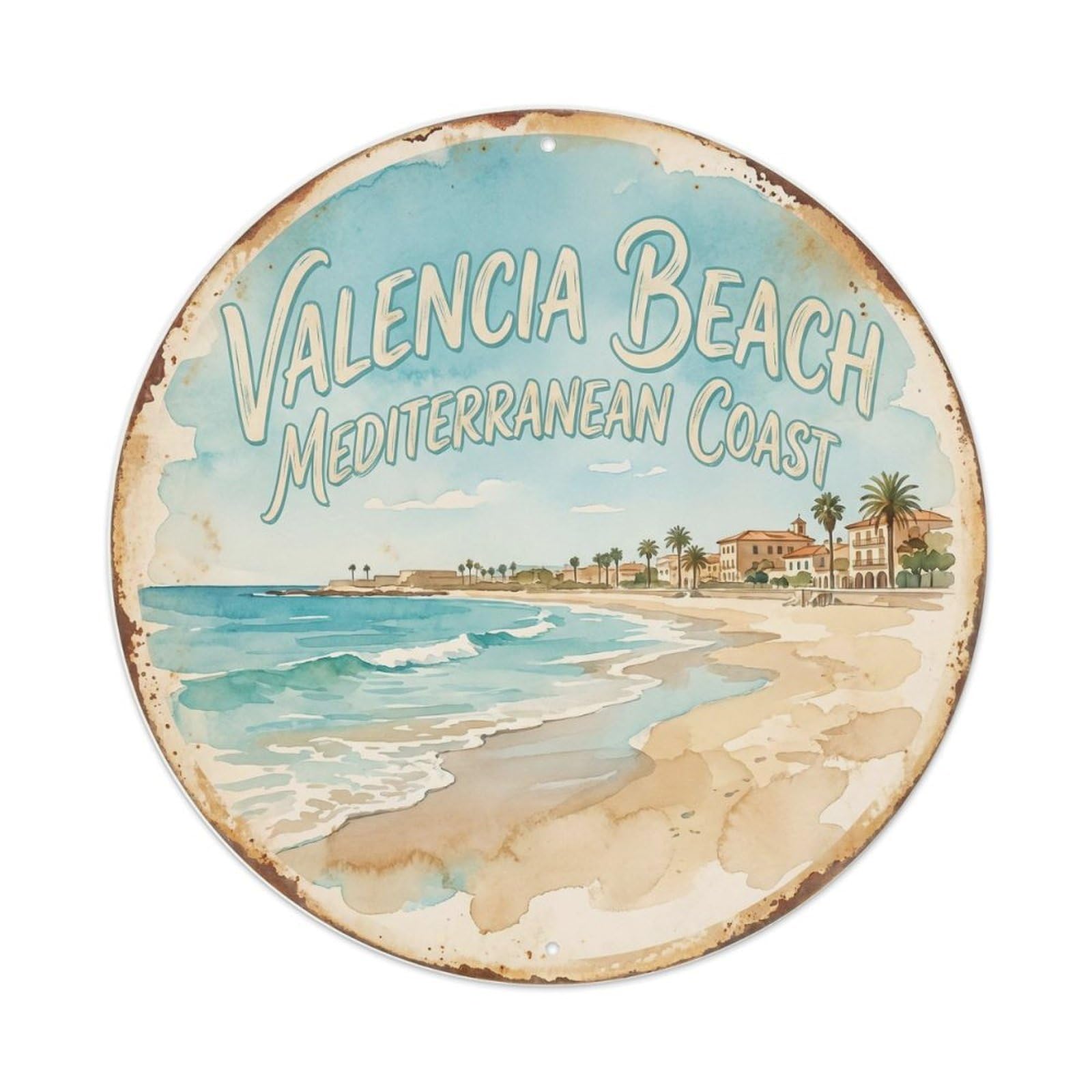 Vintage Travel Valencia Beach Metal Tin Sign Plaque Wall Decor for Cafe, Club Bar, Office, Home Garden Round Metal Poster 8x8Inch