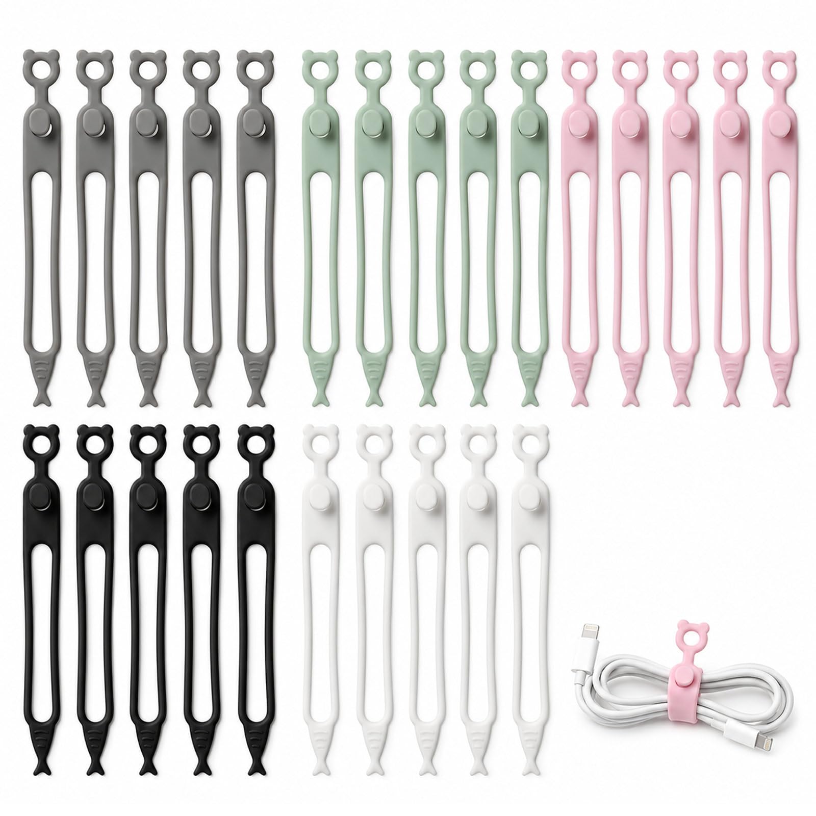 25 Pack Reusable Silicone Cable Ties 5 Mixed