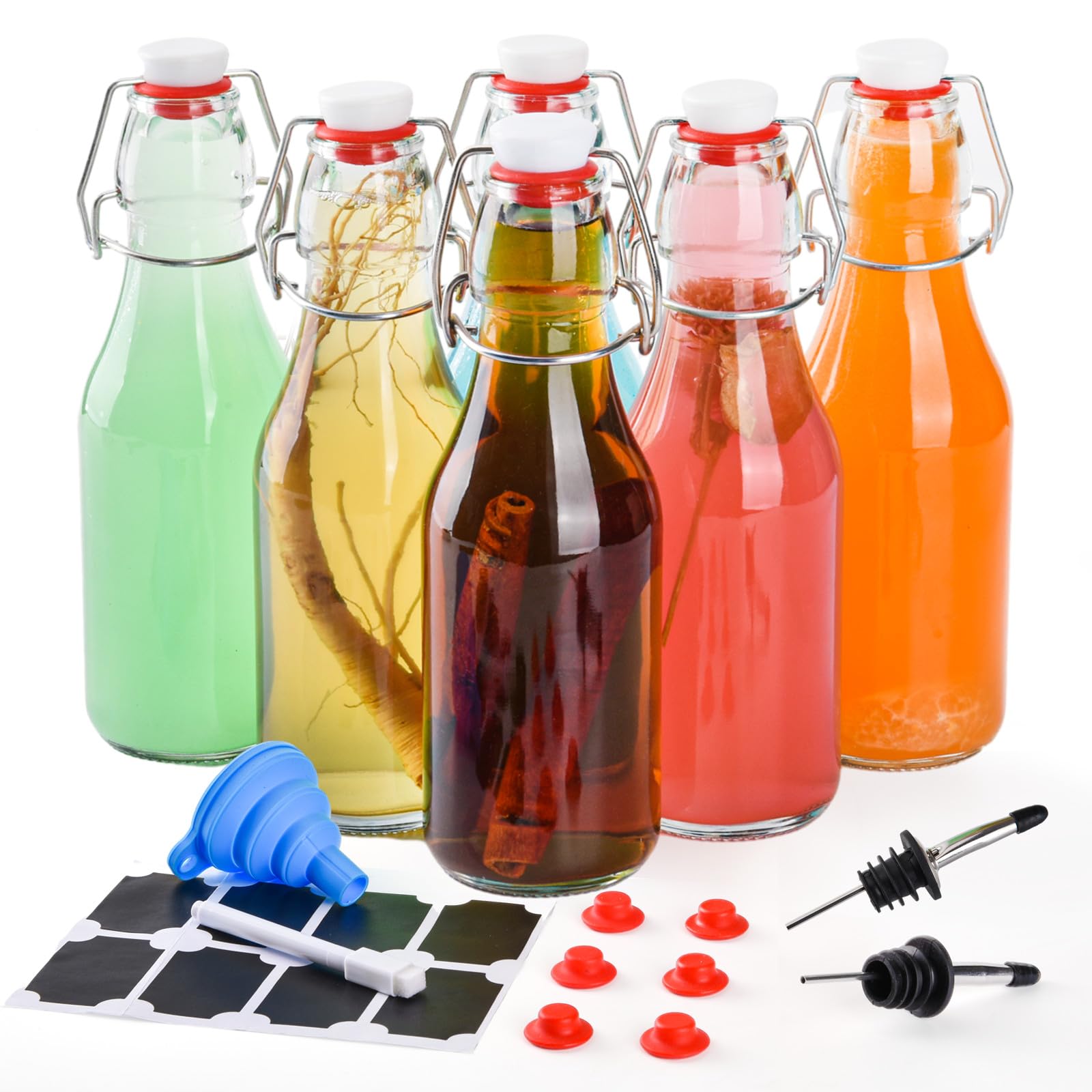 V·colokishi Transparent 6 Pcs 250Ml Glass Bottles With Stoppers, Swing Top Beer Brewing Glass Bottles With Airtight Lid, Flip Top Bottle For Fermentation, Kombucha, Vanilla Extract, Wine, Oil, Vinegar And Beverages