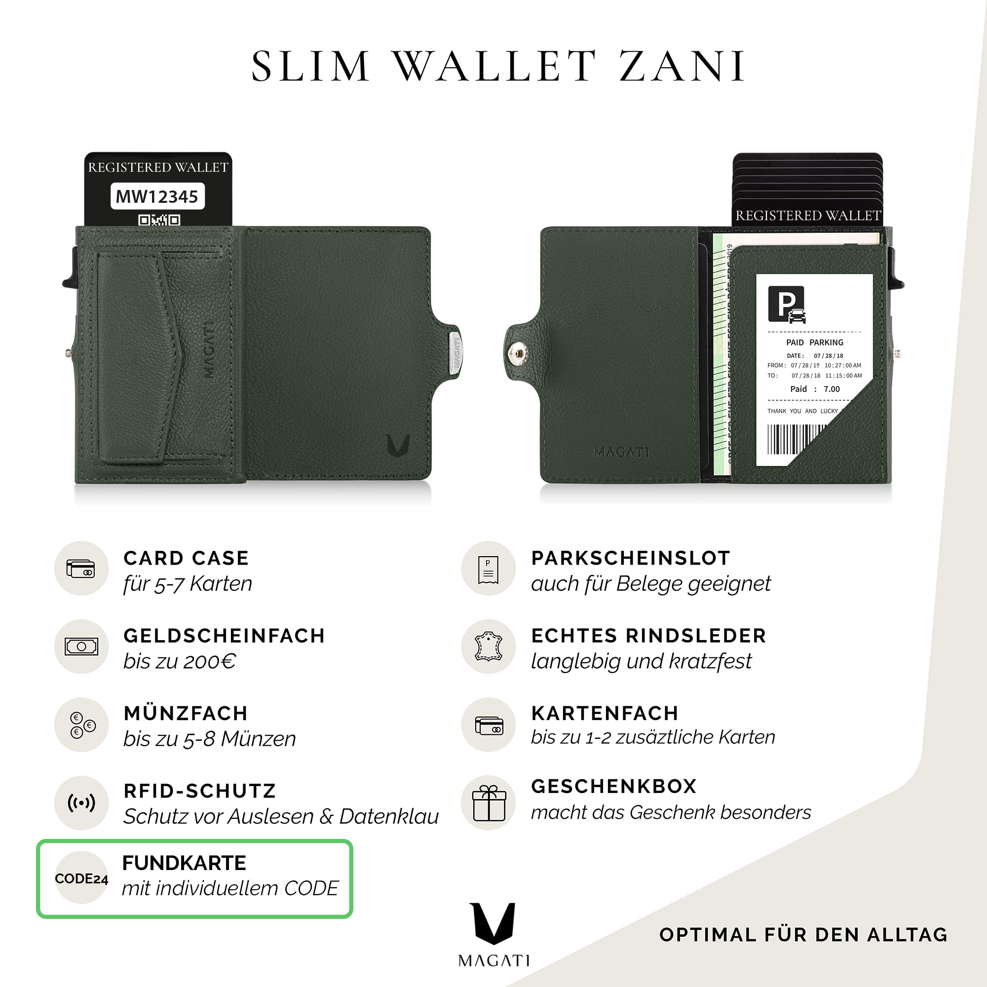 MAGATI Slim Wallet Zani aus Leder mit Fundservice, Kartenetui - Geldbörse mit Münzfach & RFID Blocker, Portmonee mit Kartenhalter & Geldscheinfach, Grün