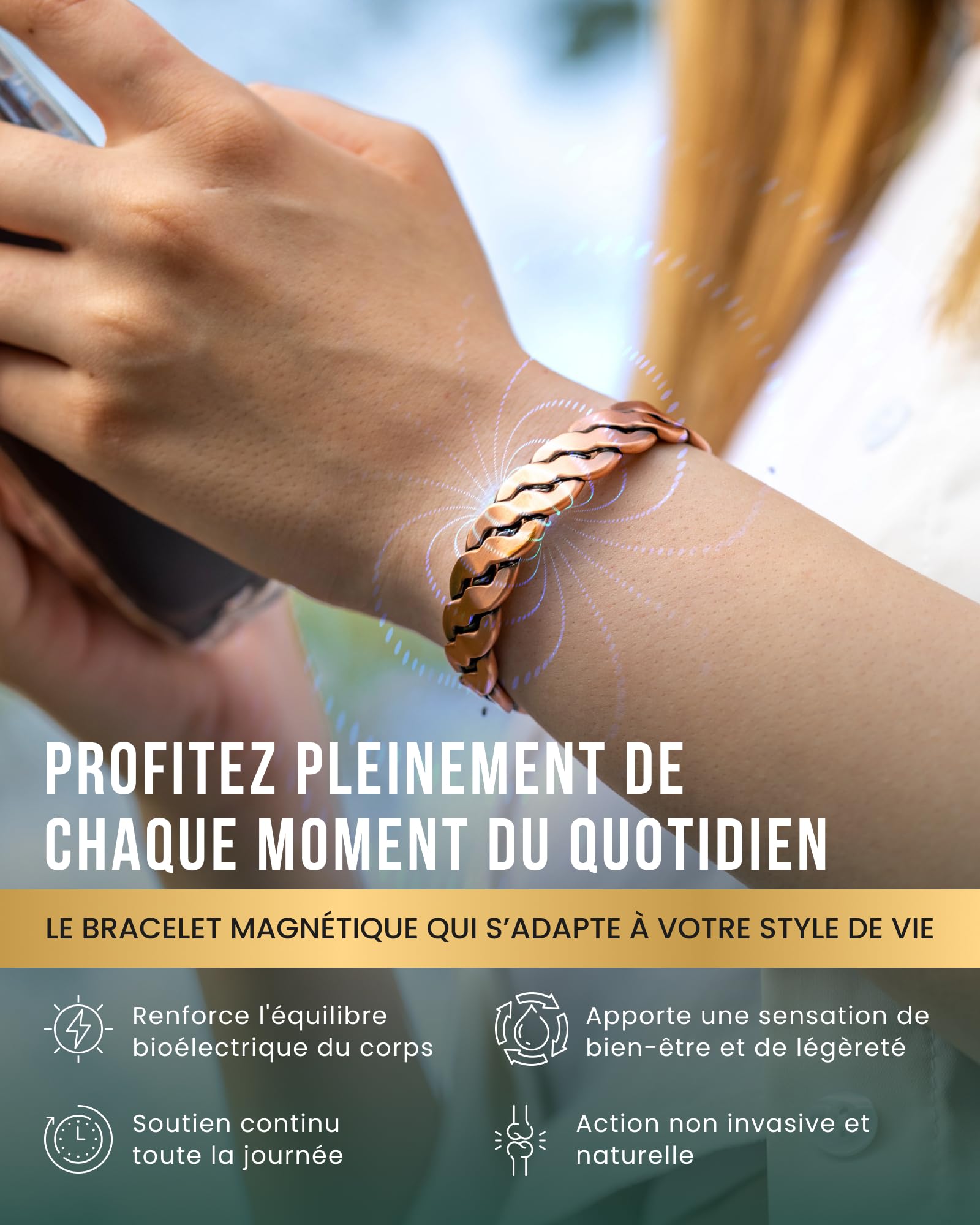 MagnetRX® bracelet cuivre homme et bracelet en cuivre femme – 6 aimants puissants (3500 GAUSS par aimant) – Bijou aimanté pur – Manchette réglable (Argent brossé | Moyen - Grand)
