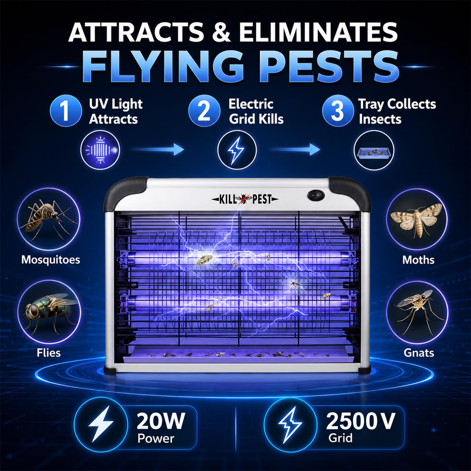 Lámpara Antimosquitos Eléctrica 2500V, 20W UV Exterminador de Insectos, Mata Moscas con Bandeja Extraíble, Trampa para Mosquitos para Casa, Cocina, Dormitorio, Salón