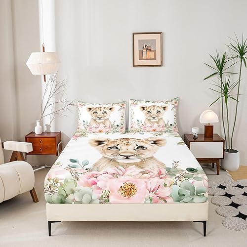 Miniatura 5 de Erosebridal Juego de sábanas de dibujos animados de león tamaño individual para niños, juego de sábanas con estampado floral rosa para niñas y
