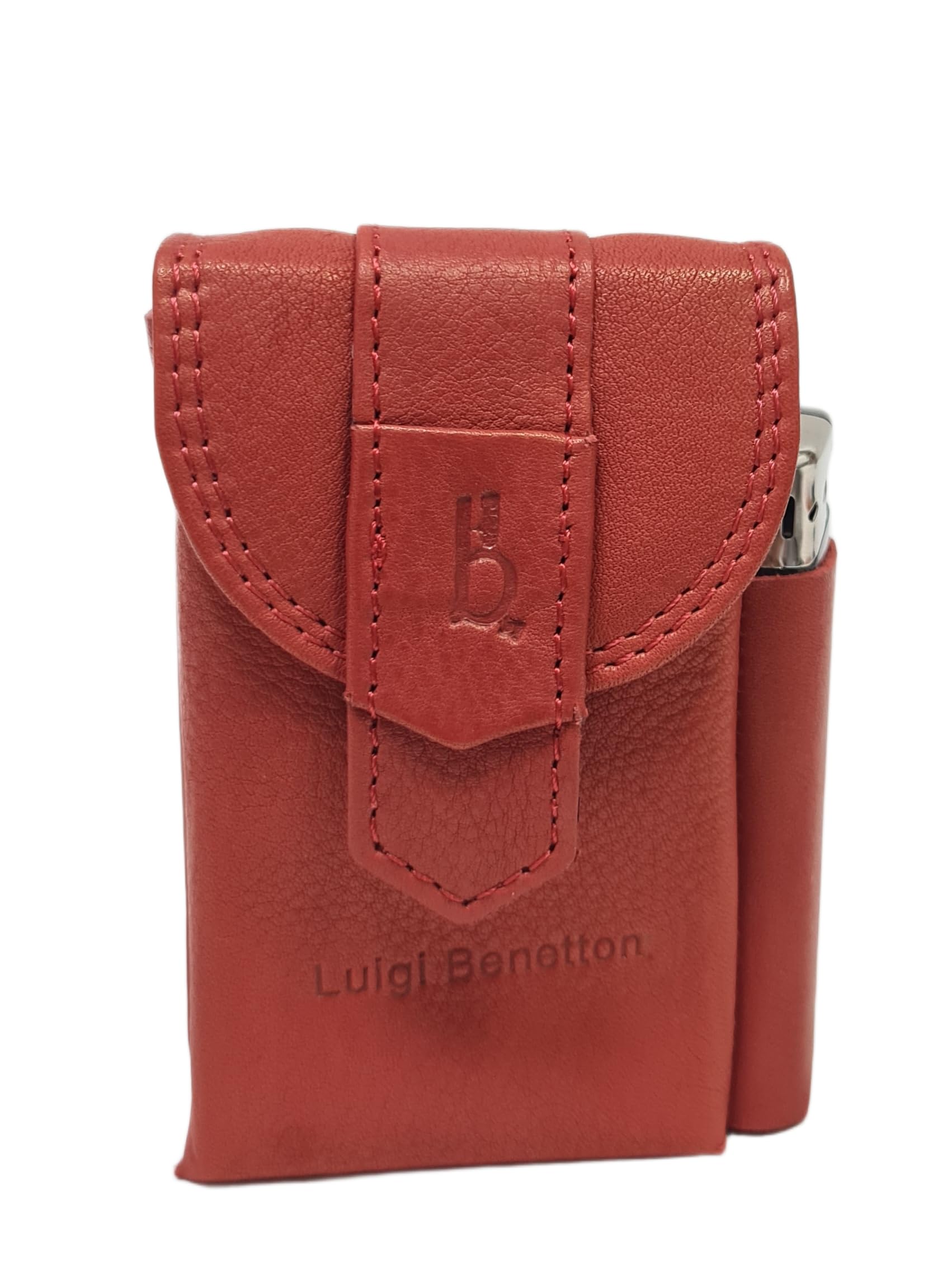 Luigi Benetton Pitillera de piel auténtica, doble botón, porta mechero lateral, dimensiones 10 x 6,5 x 3 cm, con caja de regalo Art. 3176 (rojo)