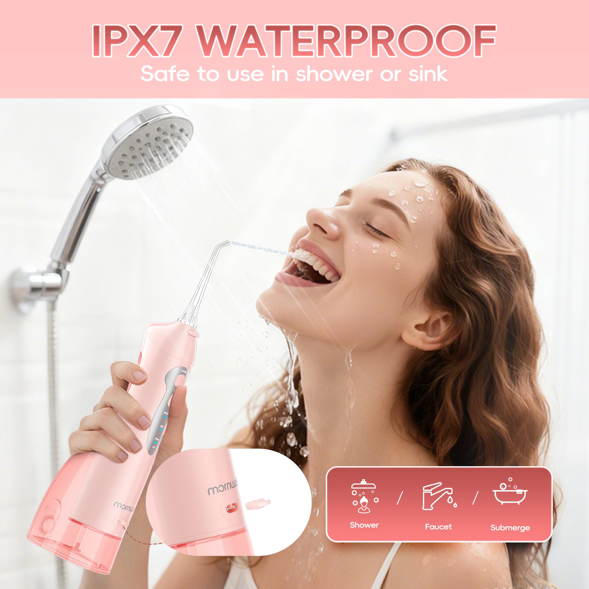 Mornwell Irrigador Dental, Irrigador Bucal Portátil para Dientes con Depósito, 4 Boquillas para Viaje y Familia, USB Recargable (Rosa)