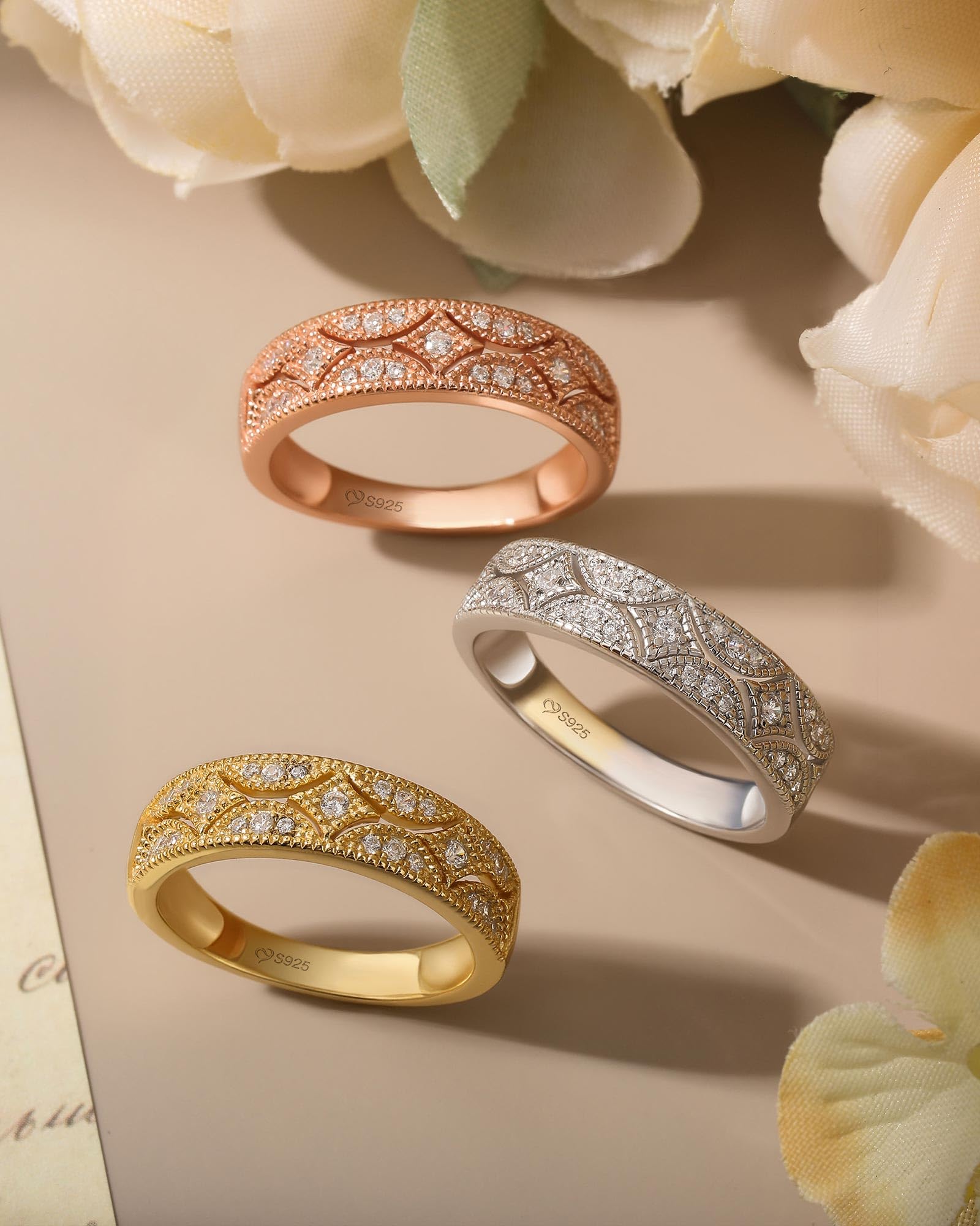 Jeulia Milgrain - Anelli in argento Sterling 925, taglio rotondo, da donna, per anniversario, promessa di anniversario, con scatola portagioie per lei, donne e ragazze