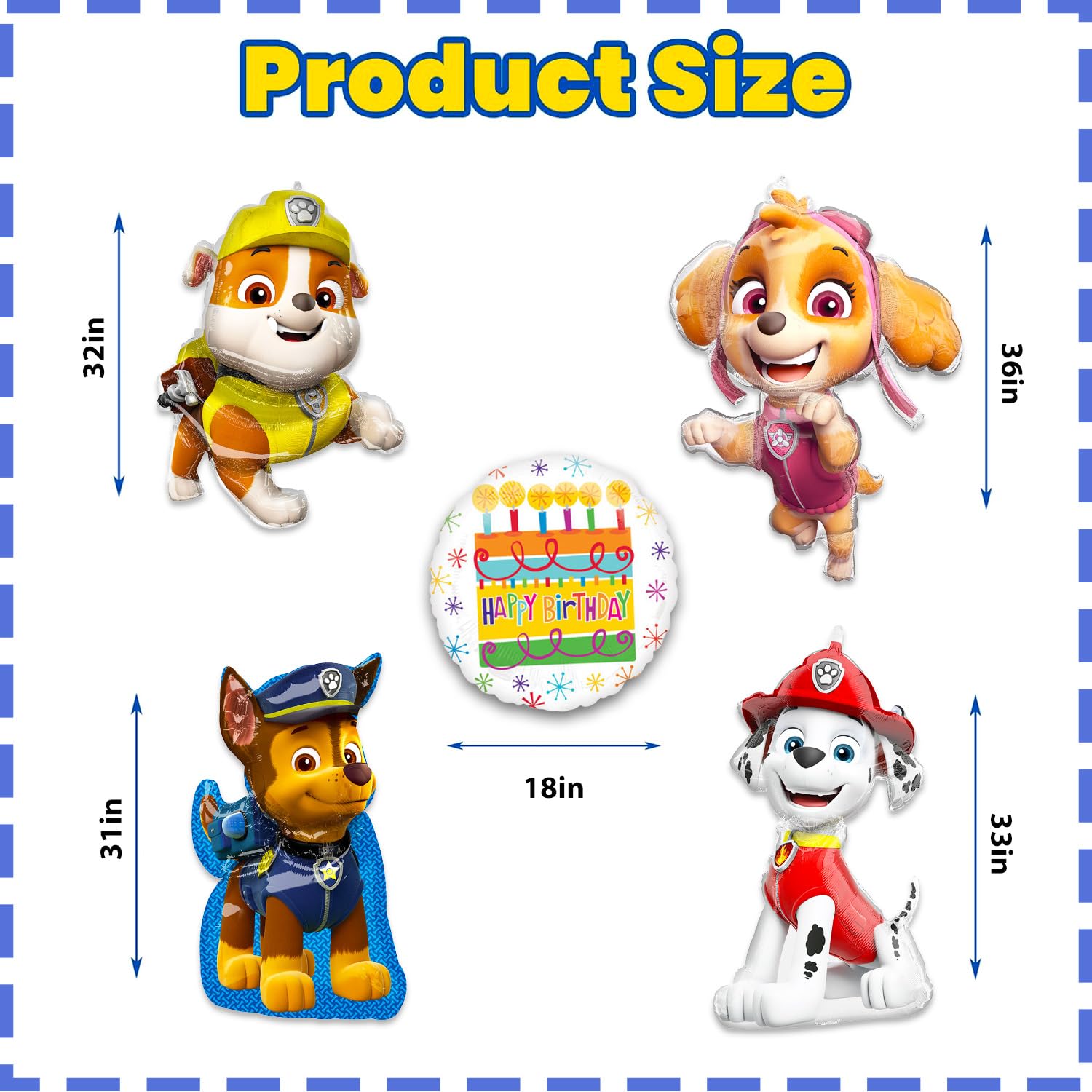 Paw Patrol Set di palloncini con personaggi – Confezione con 4 grandi palloncini decorativi in lamina con Chase, Marshall, Skye, Rubble Plus adesivi | Decorazioni per palloncini Paw Patrol per feste