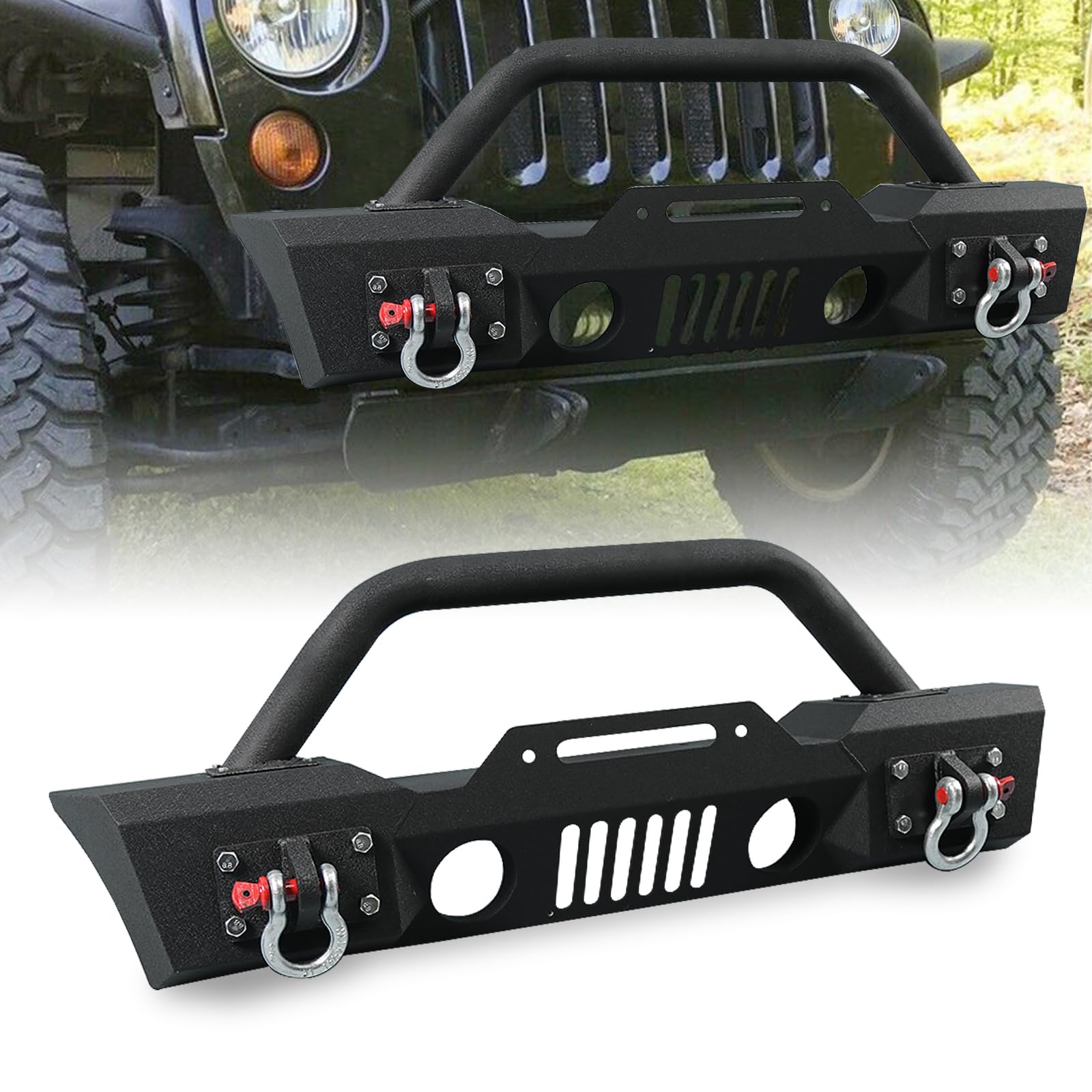 Peforway Stubby Front Bumper fit for Jeep Wrangler JK 2007-2018, with Winch Plate 2 D-rings Rock Crawler Bumper Carbon Steel Powder-Coated Black
