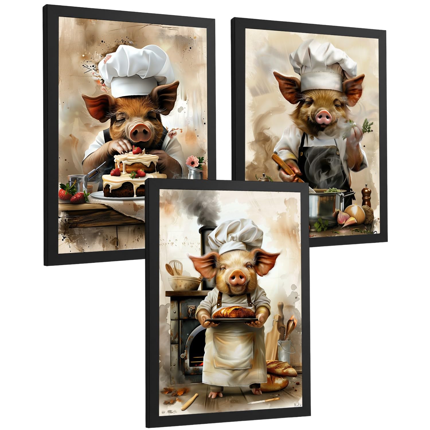 Nacnic Lot De 3 Affiches Cochon Chef Pâtissier Tableaux Animal Cuisinier Illustration Amusante Déco Cuisine A3 Cadre Noir