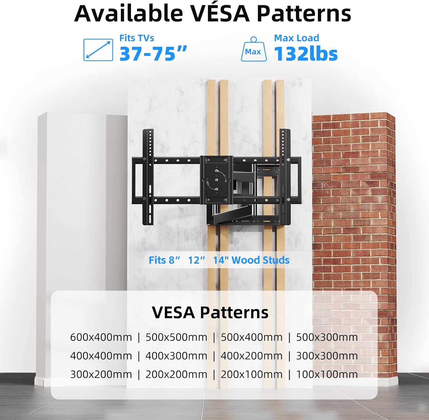 Diagram showing VESA patterns and compatible wall types including wood studs, concrete, and brick.