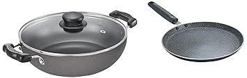 Prestige Aluminium Omega Select Plus IB Non-Stick Kadai with Glass Lid, 240 mm, Multicolour, Medium & Omega Deluxe Granite Aluminium Dosa Tawa, 250 mm (Black)