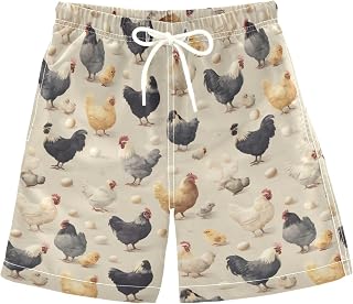 XDKDZIS Boys Swim Trunks Brown Pattern Chickens Hens Chicks Bathing Suit Quick Dry Beach Swimsuit