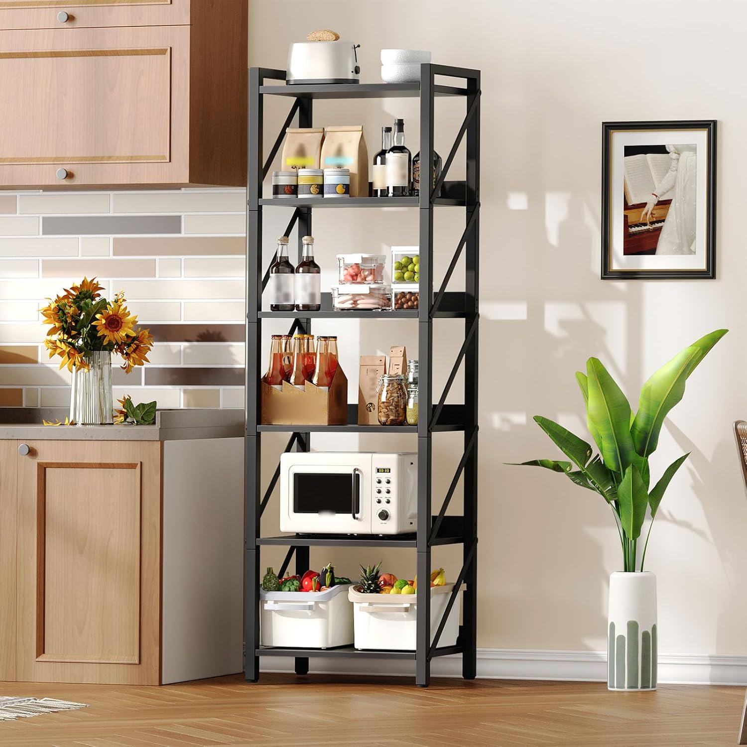 HOOBRO Bookshelf, 6-Tier Industrial Bookcase, Book Shelf Storage Organizer, Tall Bookshelf with Metal Frame for Living Room, Bedroom, Home Office, Kitchen, Black BB72SJ01