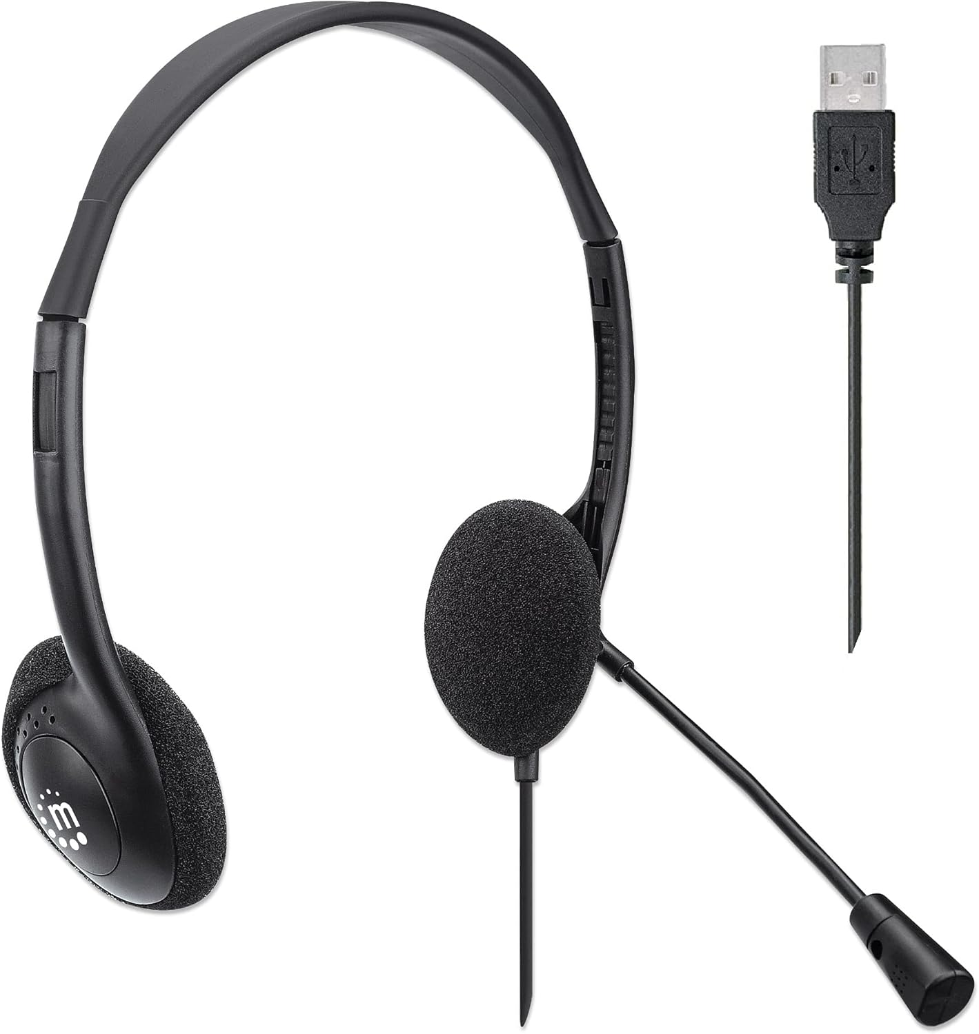 MANHATTAN USB Headset with Mic & Long 5 ft Cable – Dual-Sided Padded On-Ear, Adjustable Headband – for Desktop, Laptop, Computer – 3 Yr Mfg Warranty – 179461
