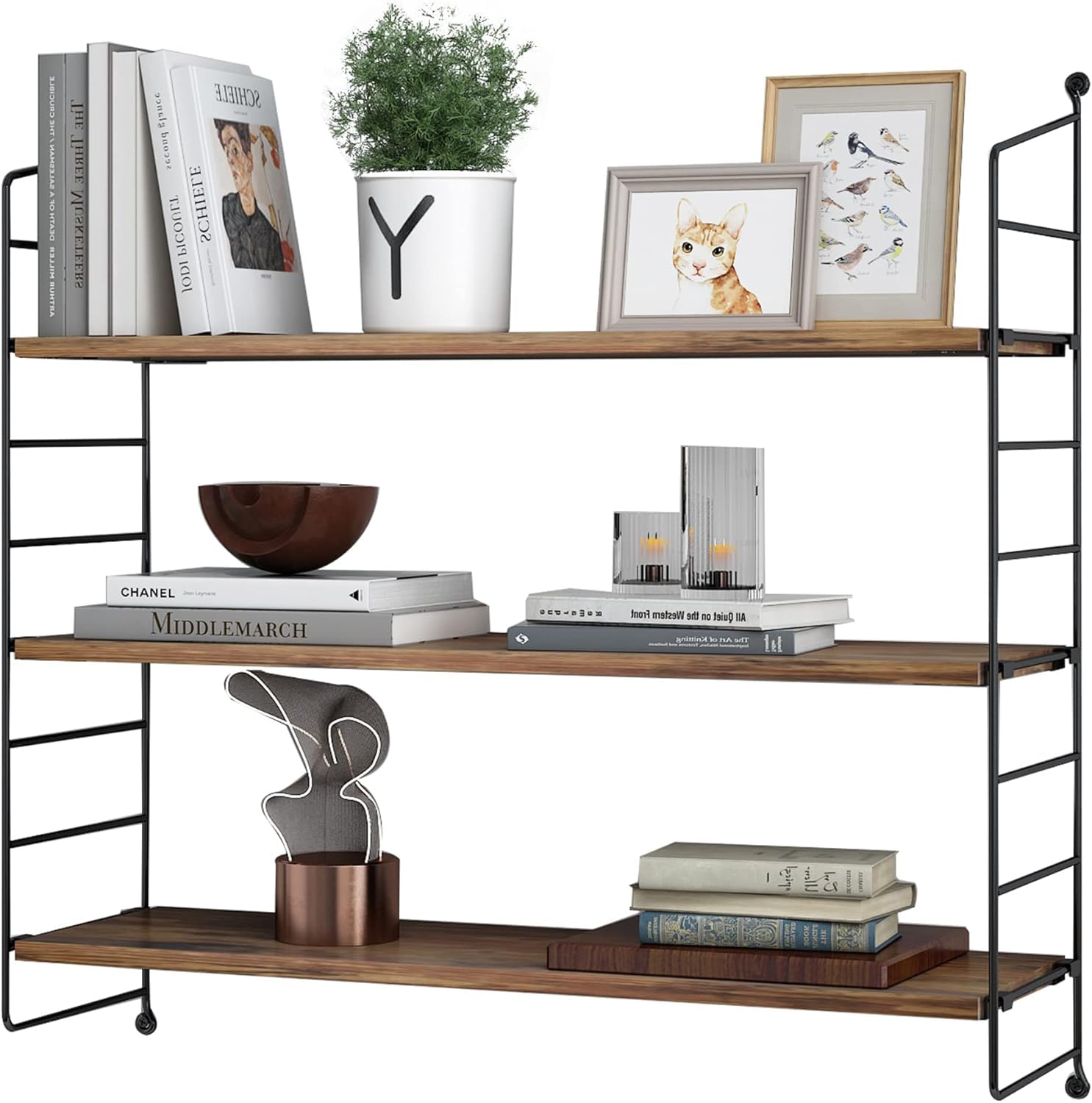 Mellingcasa Floating Shelves Rustic Wood Wall Shelves Adjustable Metal Frame Decorative Hanging Storage Shelves for Bathroom, Living Room, Bedroom, Kitchen, Office 24 Inch (24 in)