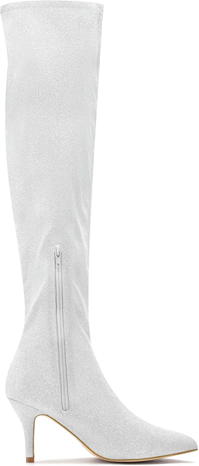 Allegra K Women's Glitter Pointed Toe Stiletto Heels Over the Knee High Boots
