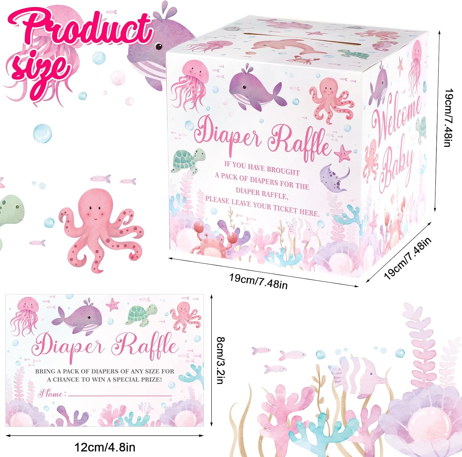 51 Pcs Pink Sea You Soon Diaper Raffle Tickets with Card Box Under the Sea Baby Shower Decorations Ocean Theme Baby Shower Game Supplies Ocean Animals Diaper Raffle Card for Gender Reveal Party Decor