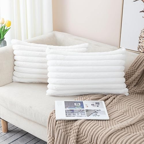 Miniatura 2 de ZLINA Juego de 2 fundas de almohada de felpa de piel sintética de color blanco crema a rayas esponjosas para sofá, dormitorio, 12 x 20 pulgadas