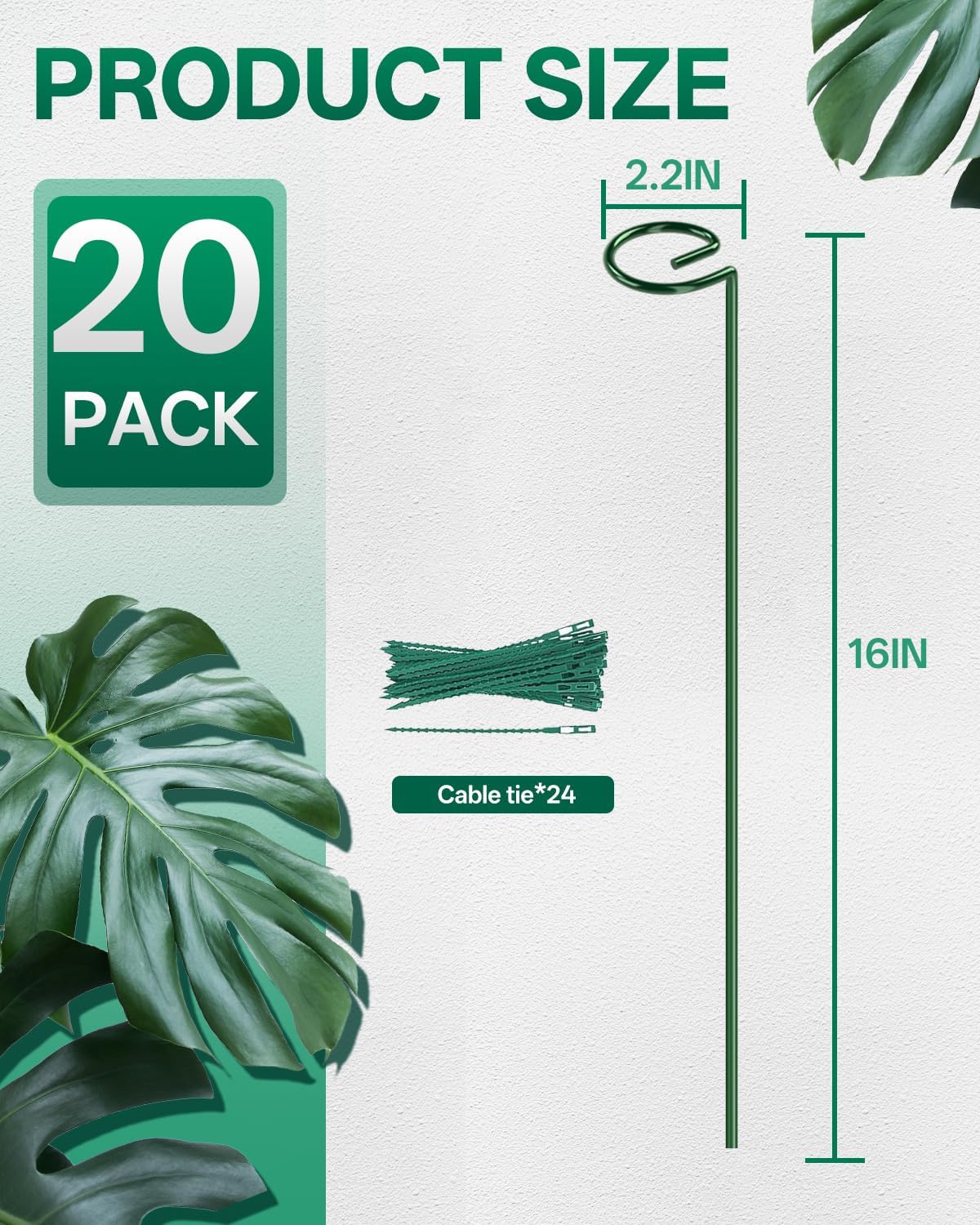 Breeze Touch 20 Pack Plant Stakes, 16 Inch Plant Support Stakes with 15 Twist Ties, Plant Sticks Support, Flower Stakes for Plants Peony, Tomato Seedling, Marigold, Amaryllis, Sapling, Coreopsis