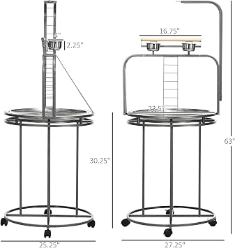 PawHut Parrot Stand Large Bird Perch Stand with Toy Hook & 3 Ladders, Parrot Perch with Easy Grip, Bird Wooden Stand, Gray