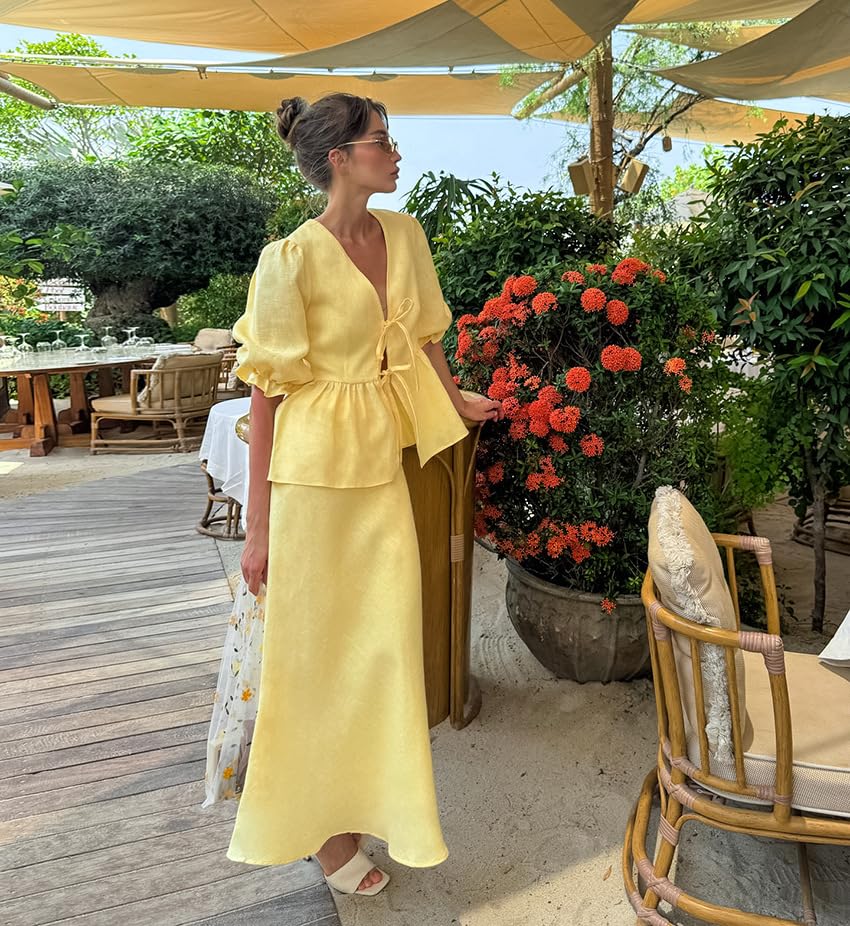 Womens Maxi Skirt 2 Piece Outfits Solid Color V Neck Puff Sleeves Top High Waist Maxi Skirt Casual Going Out Sets2