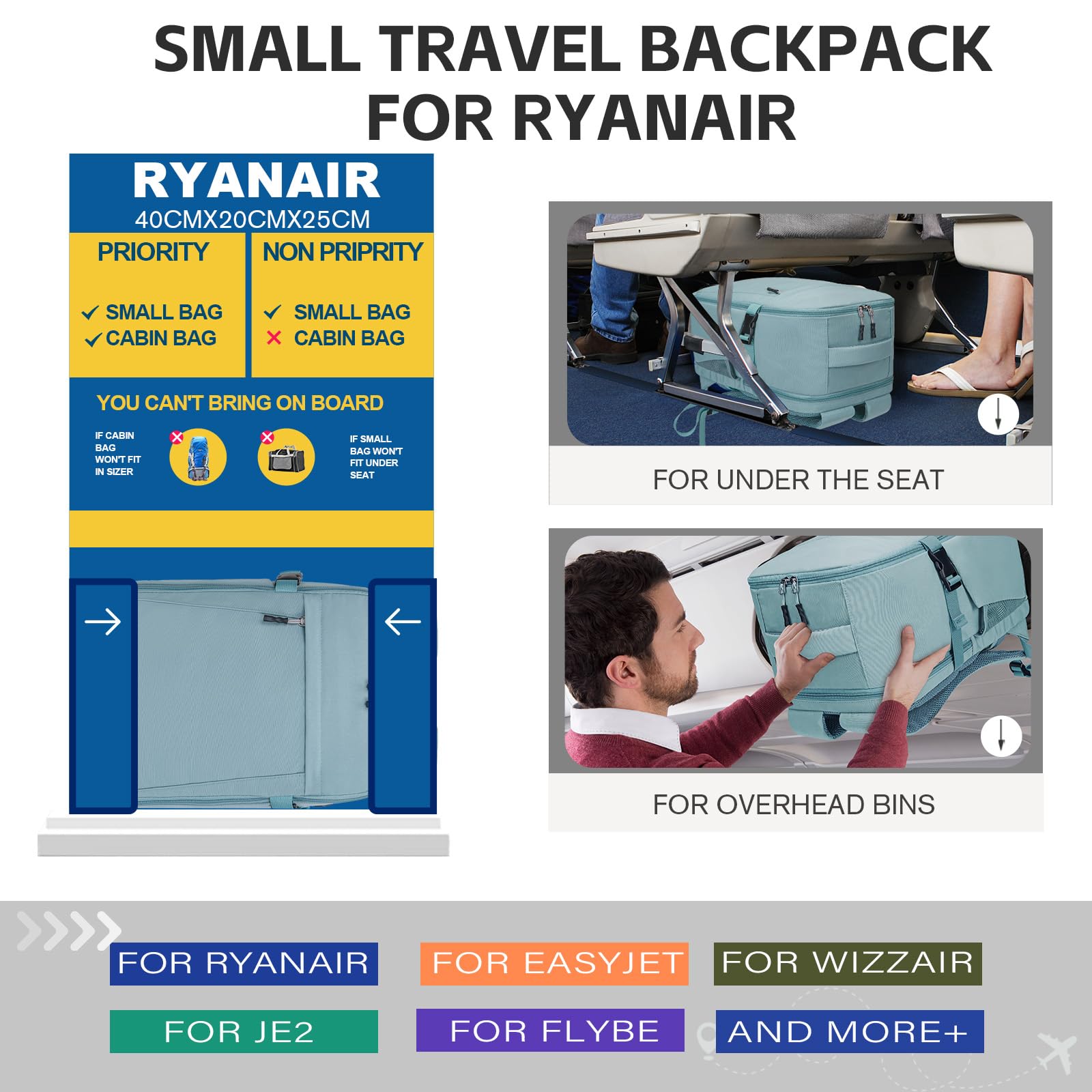 Hayayu Zaino Per Ryanair 40x20x25, Zaino Da Viaggio Aereo Bagaglio a Mano 40x30x20 per Wizzair Easyjet,Borse Da Cabina Zainetto Donna Uomo Zaini Da Viaggio Con Foro USB