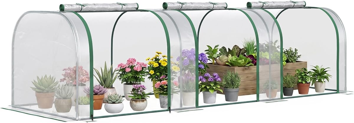 Outsunny Mini invernadero portátil de 10' x 3' x 2,5', invernadero tipo túnel transparente | Puertas enrollables con cremallera, cubierta impermeable a los rayos UV, marco de acero
