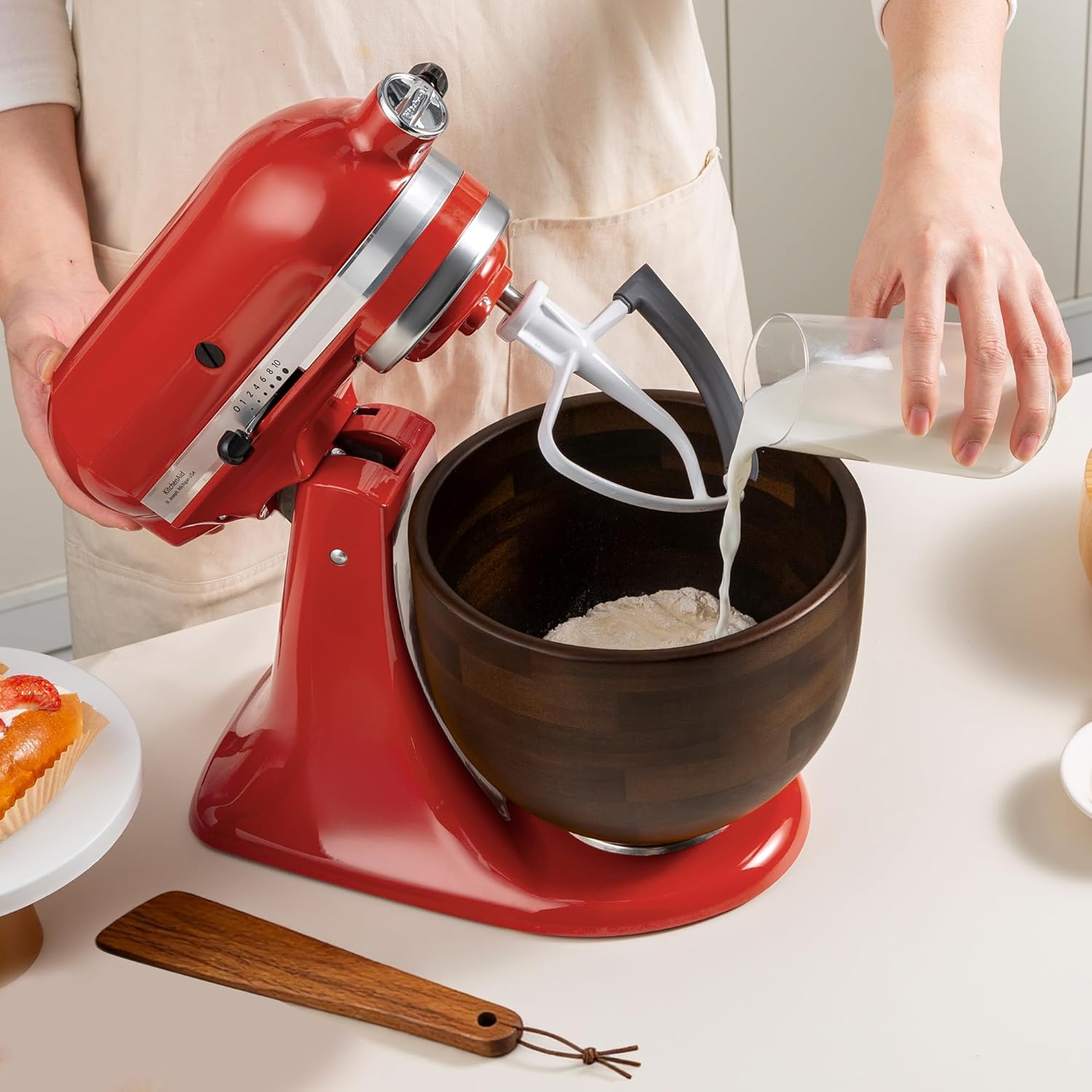 Premium American Walnut Wood Mixing Bowl, Compatible with Kitchen Aid 4.5 & 5 Qt Tilt-Head Stand Mixers, Wooden Mixing Bowls for Mixer with Stainless Steel Locking Base, Natural True Walnut