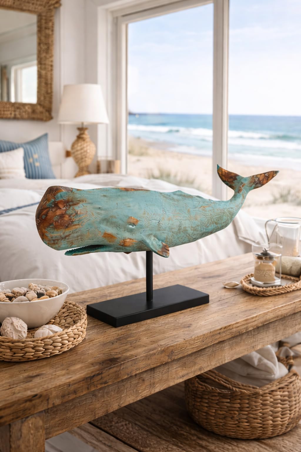 Wal Walfisch Fisch Dekofigur Statue Skulptur Standfuß Polyresin Modern - Maritime Deko für Wohnung in Holz-Optik - Dekoration für Wohnzimmer, Schlafzimmer oder Badezimmer - XXL 77x17,5x38,5 cm