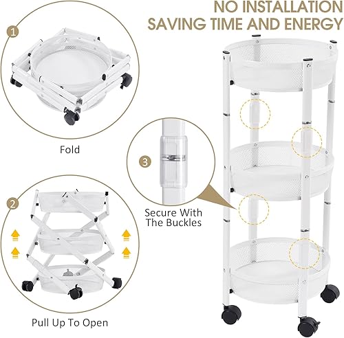 Miniatura 3 de TOOLF Carrito de almacenamiento de metal de 3 niveles, carrito utilitario plegable, sin montaje, organizador de servicio multifunción con ruedas
