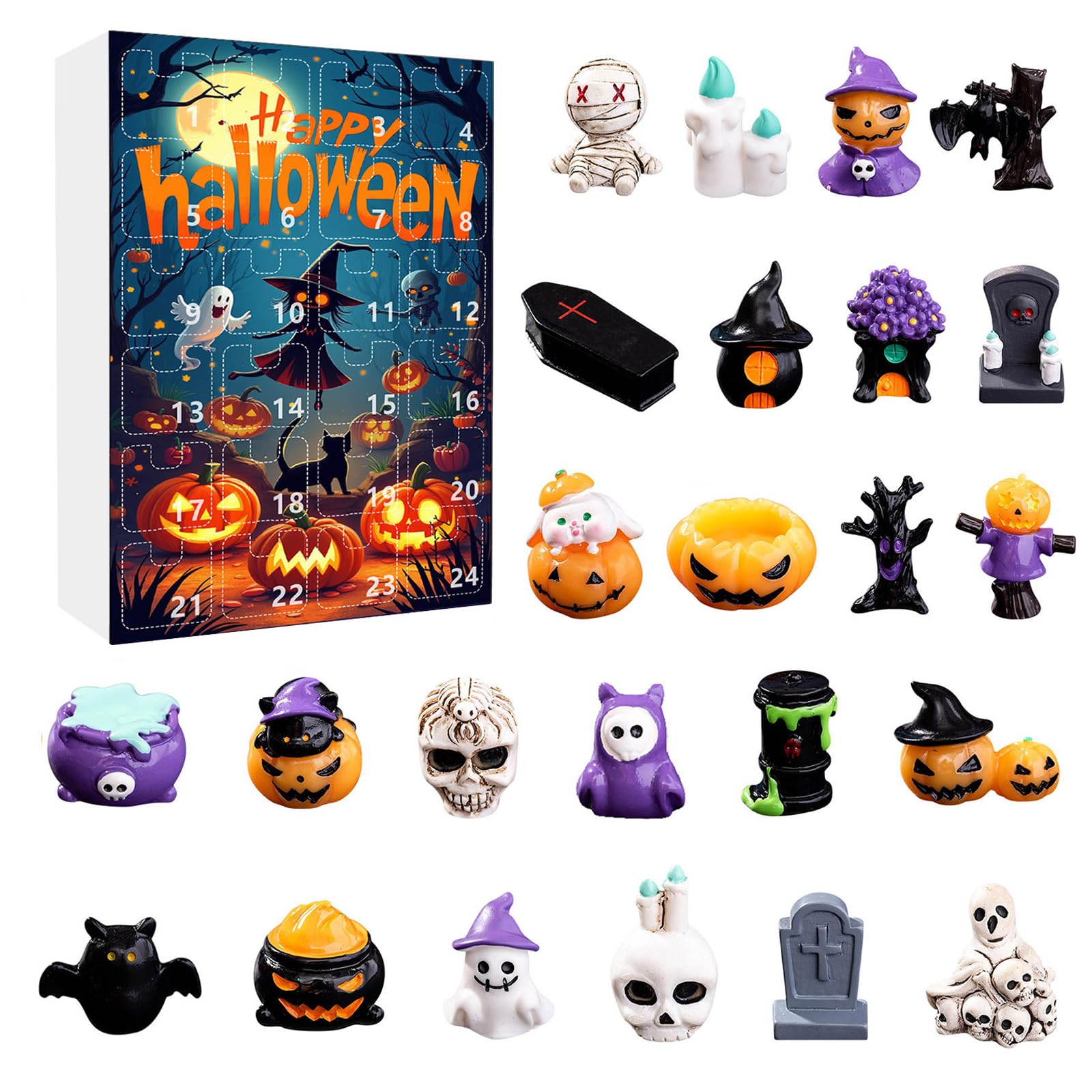 Calendario de Adviento de Halloween 2025, calendario de 24 días de cuenta regresiva de Halloween con 24 unidades de calabaza, fantasma, minifiguras de calavera, decoraciones para niños y adultos