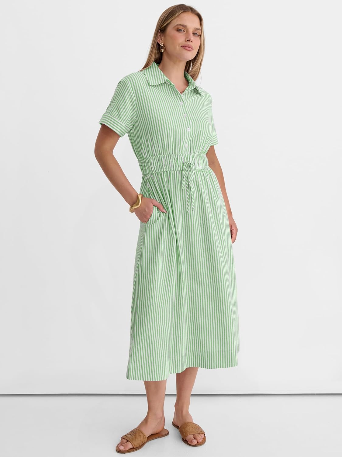 ANRABESS Womens Summer Midi Dress Short Sleeve Striped Plaid Button Collar Shirt Dresses 2026 Casual Beach Vacation Clothes Light Green White Stripe L - Image 3