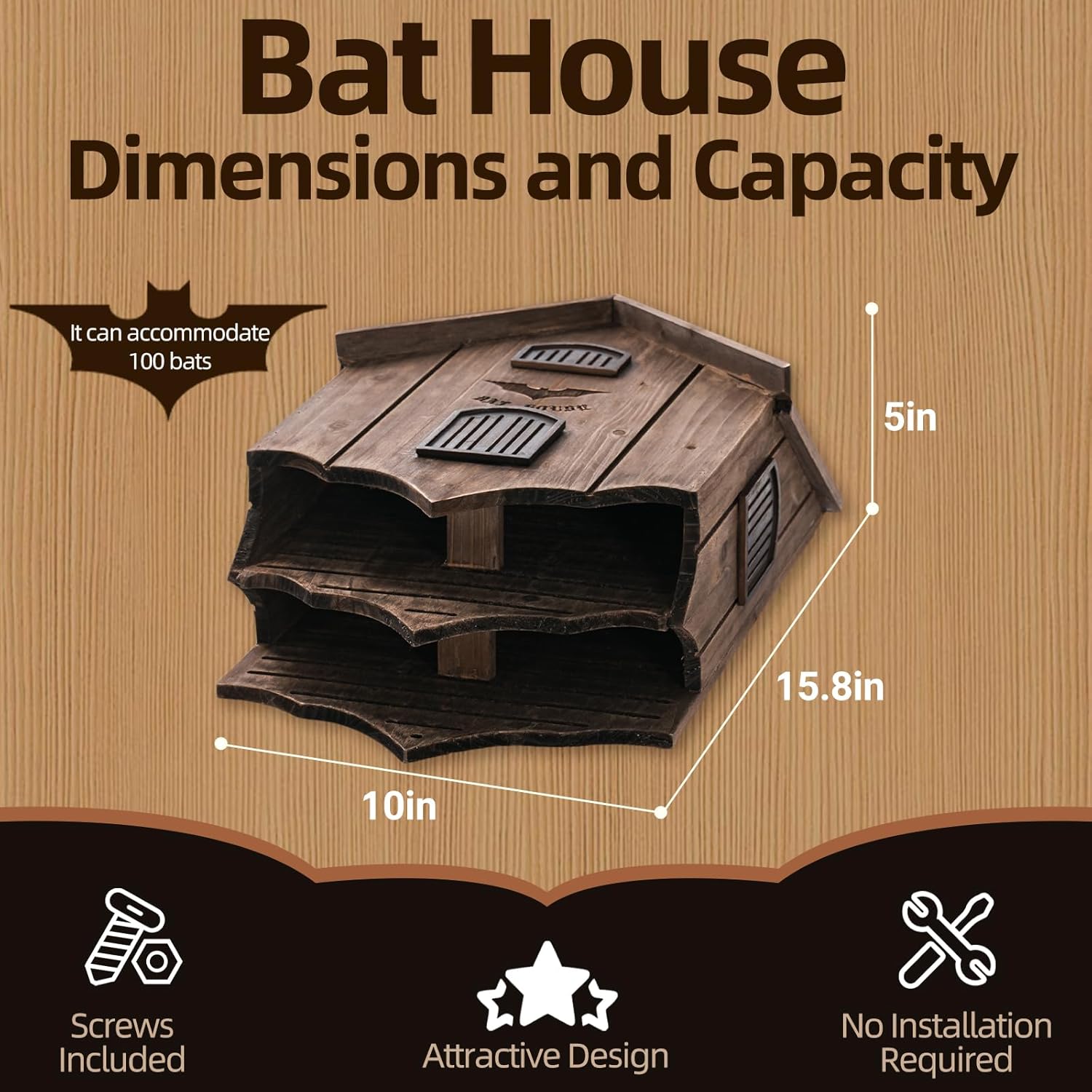 Bat House for Outdoors - Large Double Chamber Bat Box with Unique Design to Attract Bats, Sturdy Wooden Bats Shelter for Outside for Tree, Weather-Resistant, Easy to Hang, Brown
