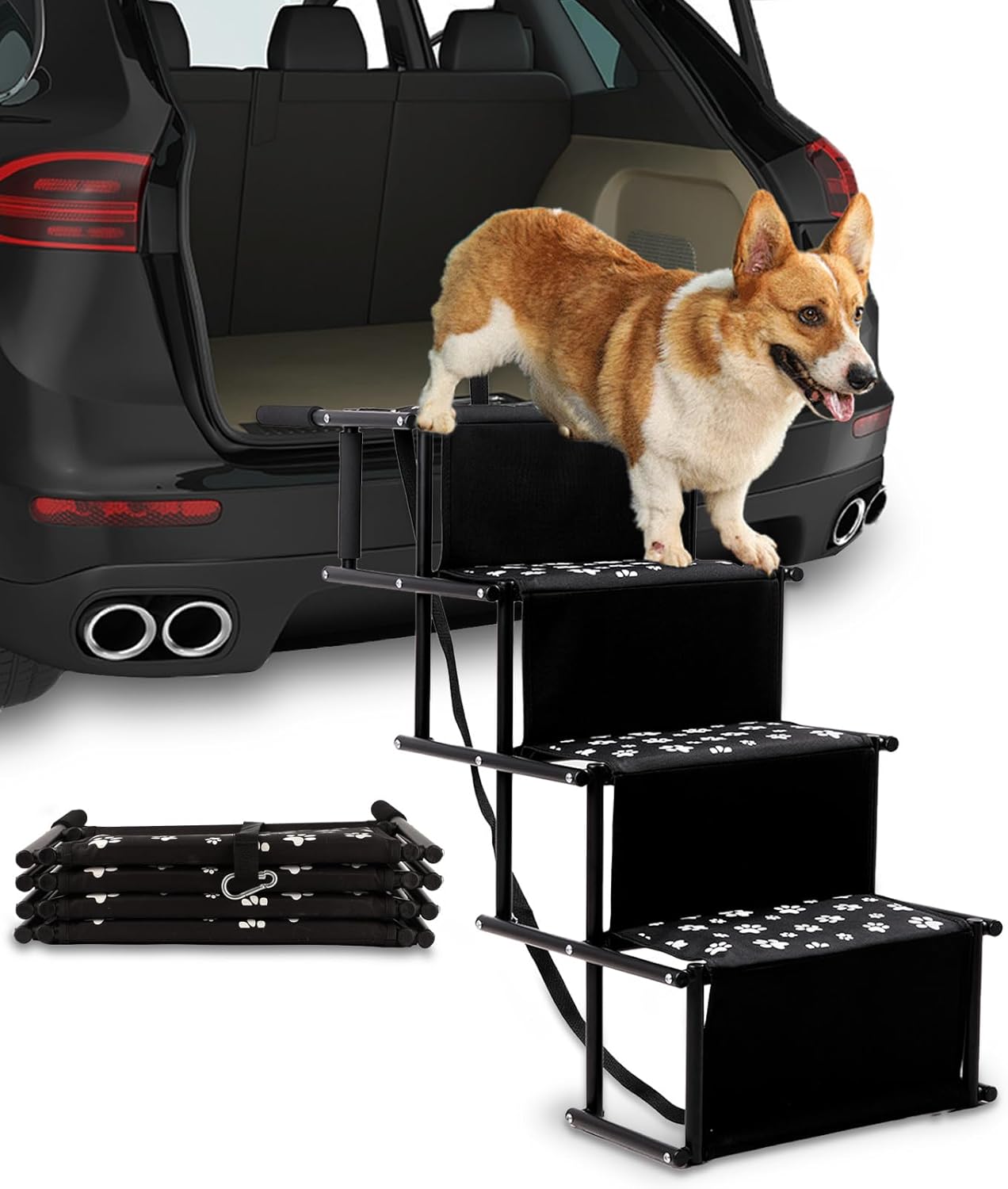 Sepnine Dog Car Ramps for Large Dogs,Foldable Dog Stairs with Non-Slip Surface, 4-Step Dog Steps for Cars, Trucks, High Bed, Couch,Supports Up to 175LBS Black