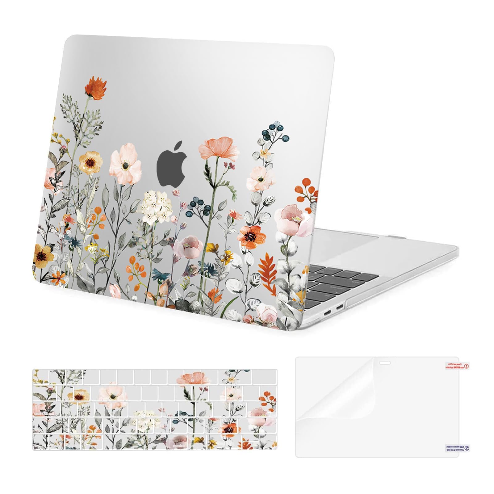 MOSISO Compatible with MacBook Pro 13 inch Case 2025, 2024, 20223-2016 M2 M1 A2338 A2251 A2289 A2159 A1989 A1708 A1706, Plastic Garden Flowers Hard Case&Keyboard Cover&Screen Protector, Transparent