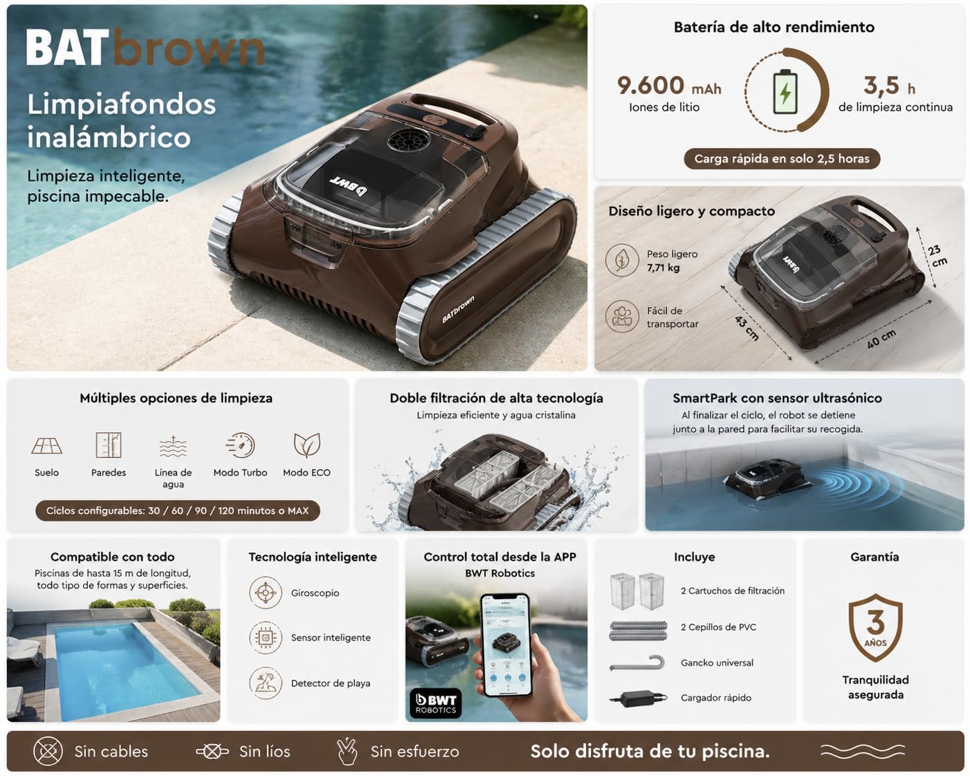 BWT Robot Limpiafondos BATbrown Inalámbrico, Batería de Iones de Litio, para Piscinas hasta 15m, con App, Doble Filtración