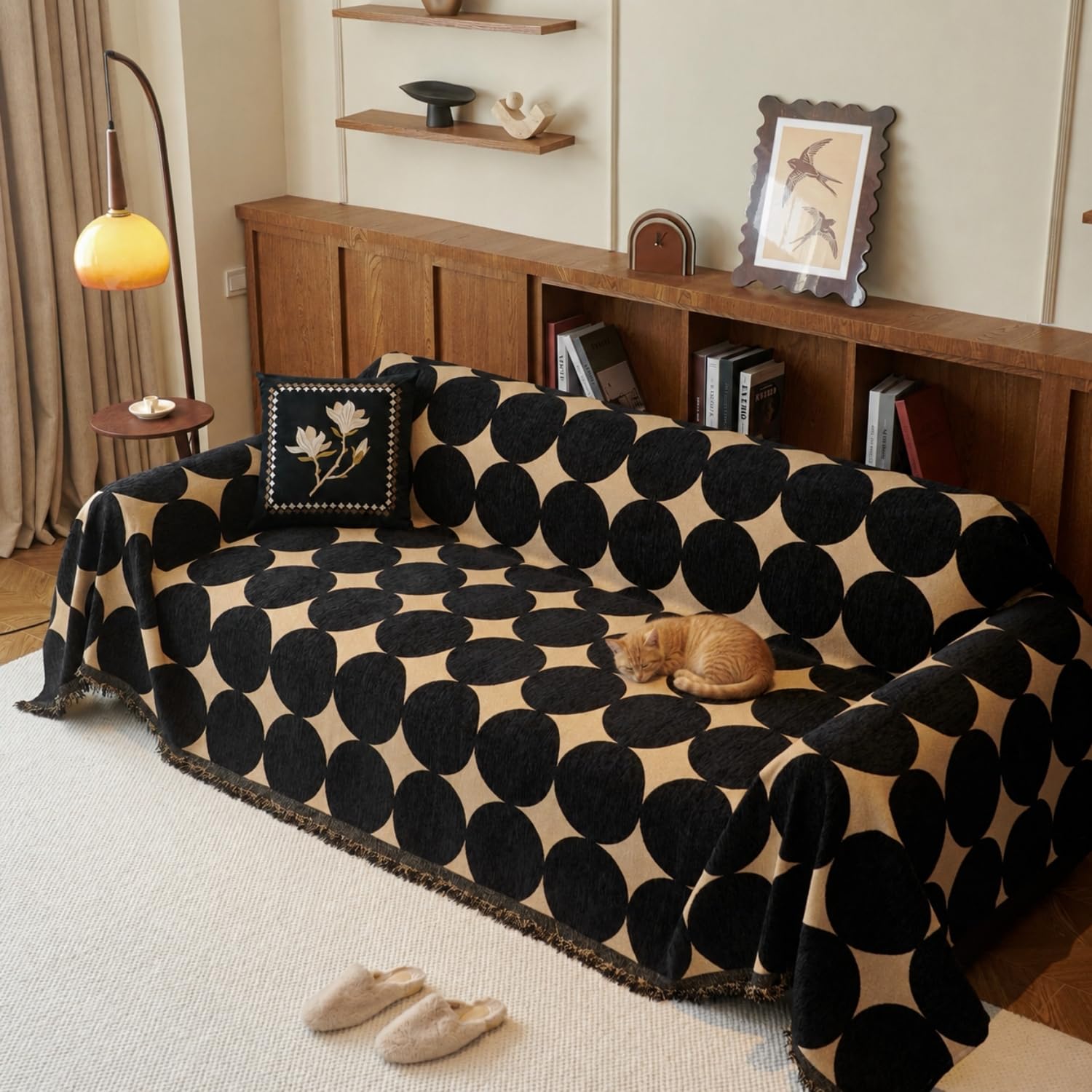 VIWATIN Vintage Chenille Sofa Throw, Retro Dot Black, 2-3 Seater, 180x300cm