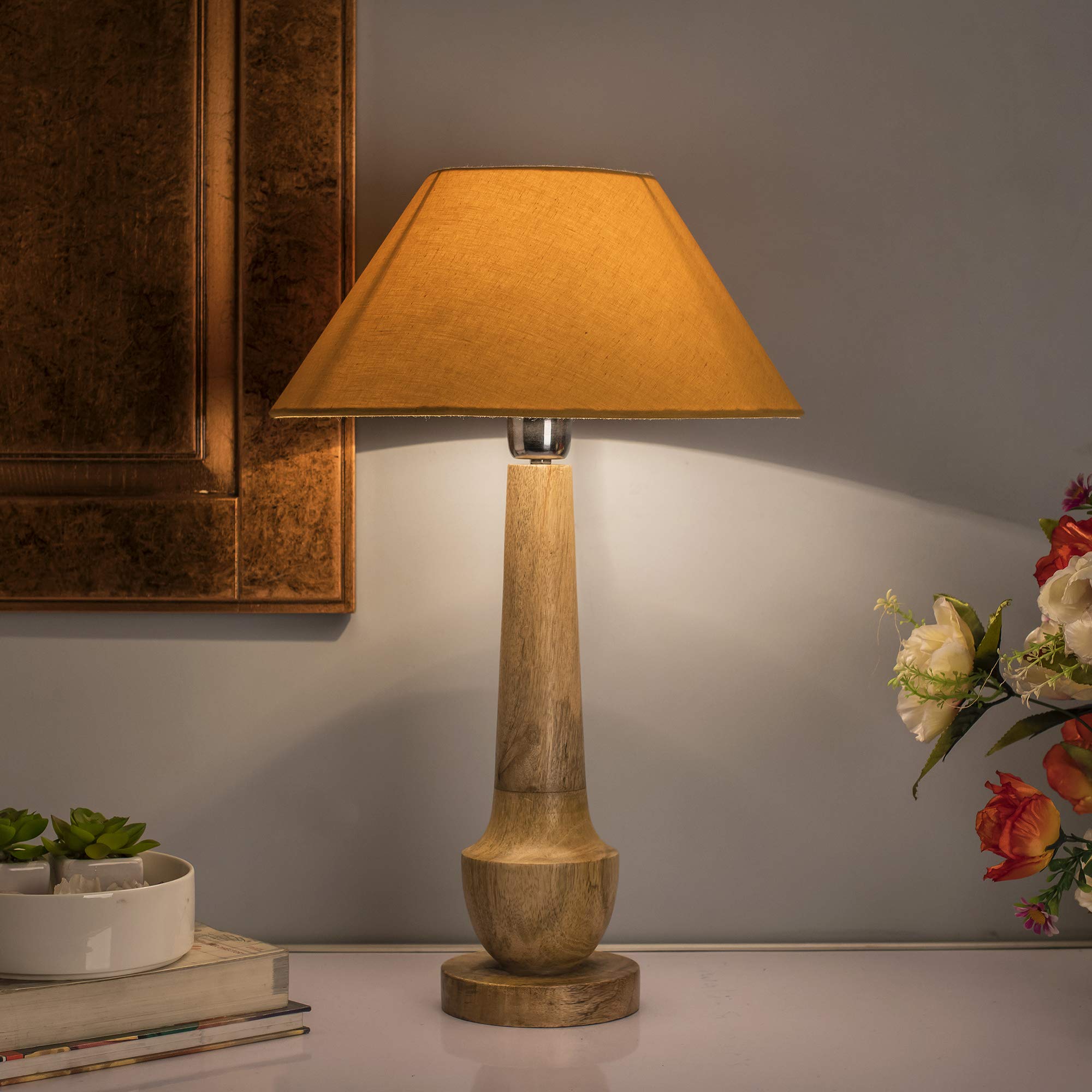 Homesake® Handcrafted Wooden Table Lamp for Bedroom & Living Room|Decorative Bedside Reading Lamp with Fabric Shade, E27 Holder|Bulb Included|Classic Cubist Wooden Base for Home Décor, Golden Cone