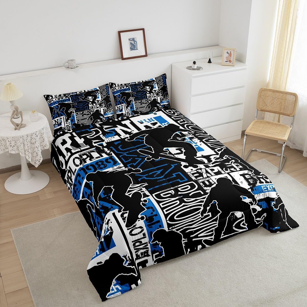 Boys Skateboarding Silhouette Bedding Comforter Set Twin Size for Kids Teens Men Home Room Decor,Black Navy Blue White Hip-hop Style Graffiti Quilted Duvet Street Extreme Sports Duvet Insert 2pcs