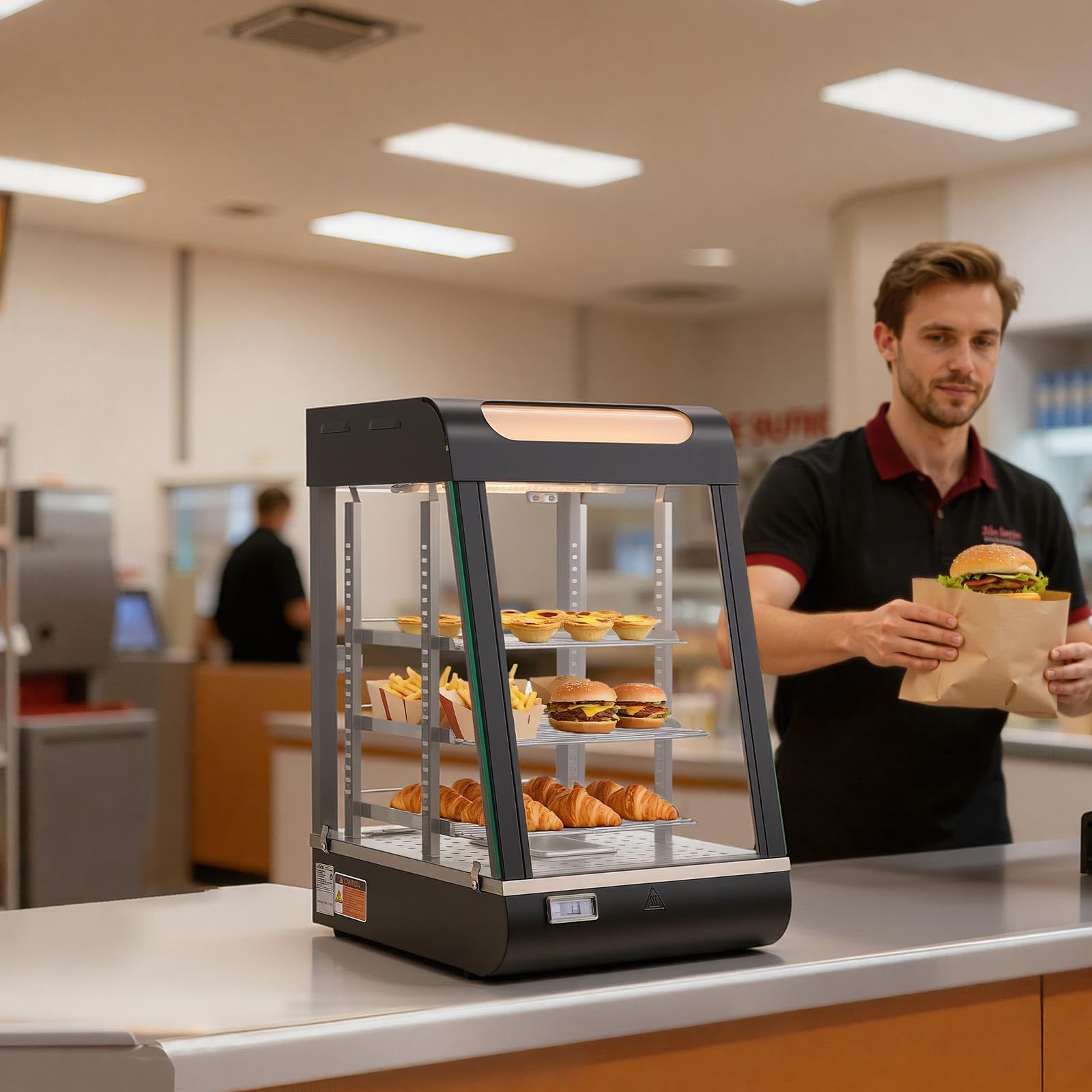 VEVOR Vitrina de Calor para Hostelería 3 Niveles 800 W, Expositor Calentador de Alimentos con 57 L Luz LED, Estantes Extraíbles, 30 °C a 85 °C, para Tapas, Hamburguesas, Pizzas, Pan, Pollo Frito