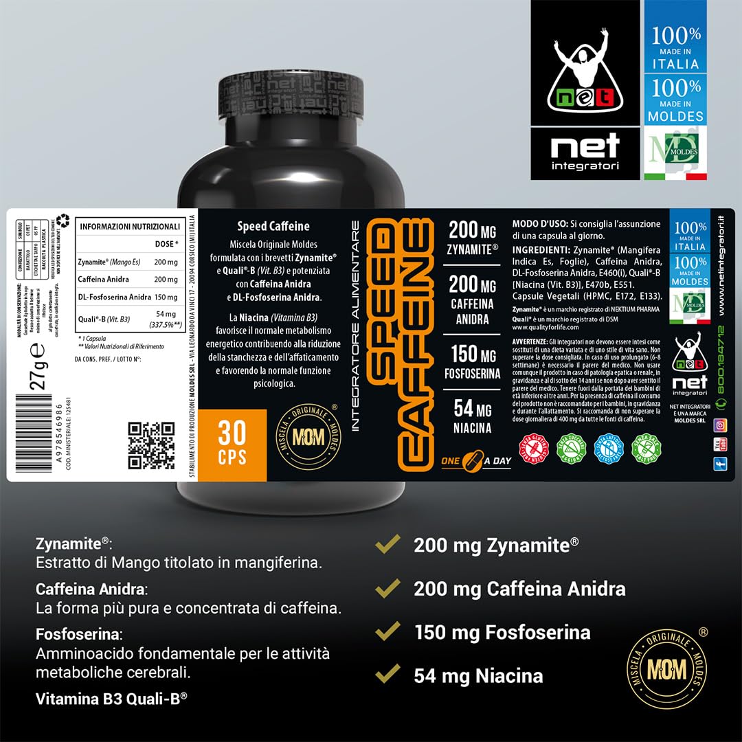 Net Integratori SPEED CAFFEINE – 30 capsule – Integratore Pre-Workout con Caffeina Anidra e Estratto di Mango Zynamite® per Energia Focus Mentale e Attivazione Fisica contro lo Stress Psico-Fisico