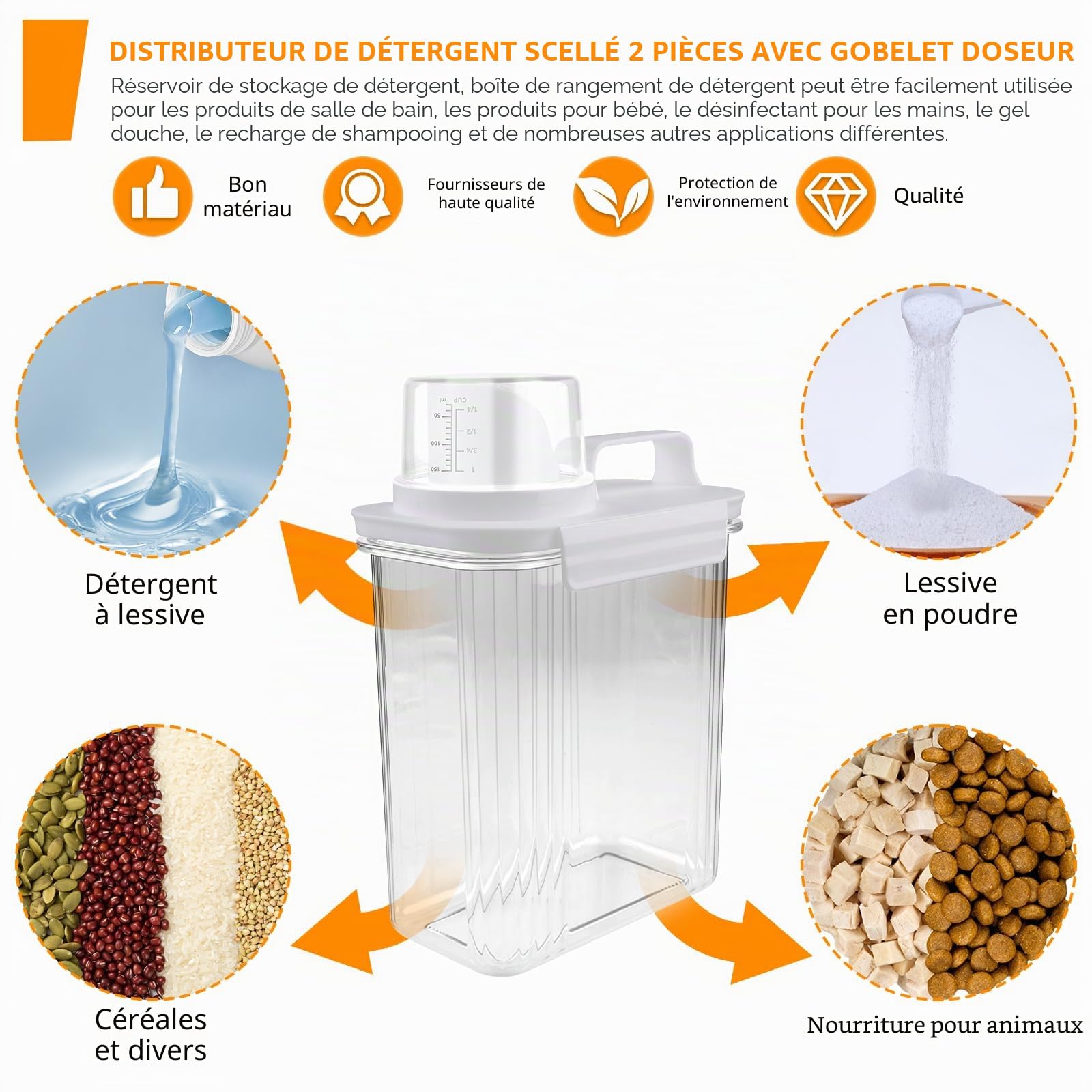 2 Pièces Distributeur de Détergent Hermétique 2000 ml Avec Gobelet Doseur - Boîte de Rangement Multi-Usages Pour Lessive en Poudre