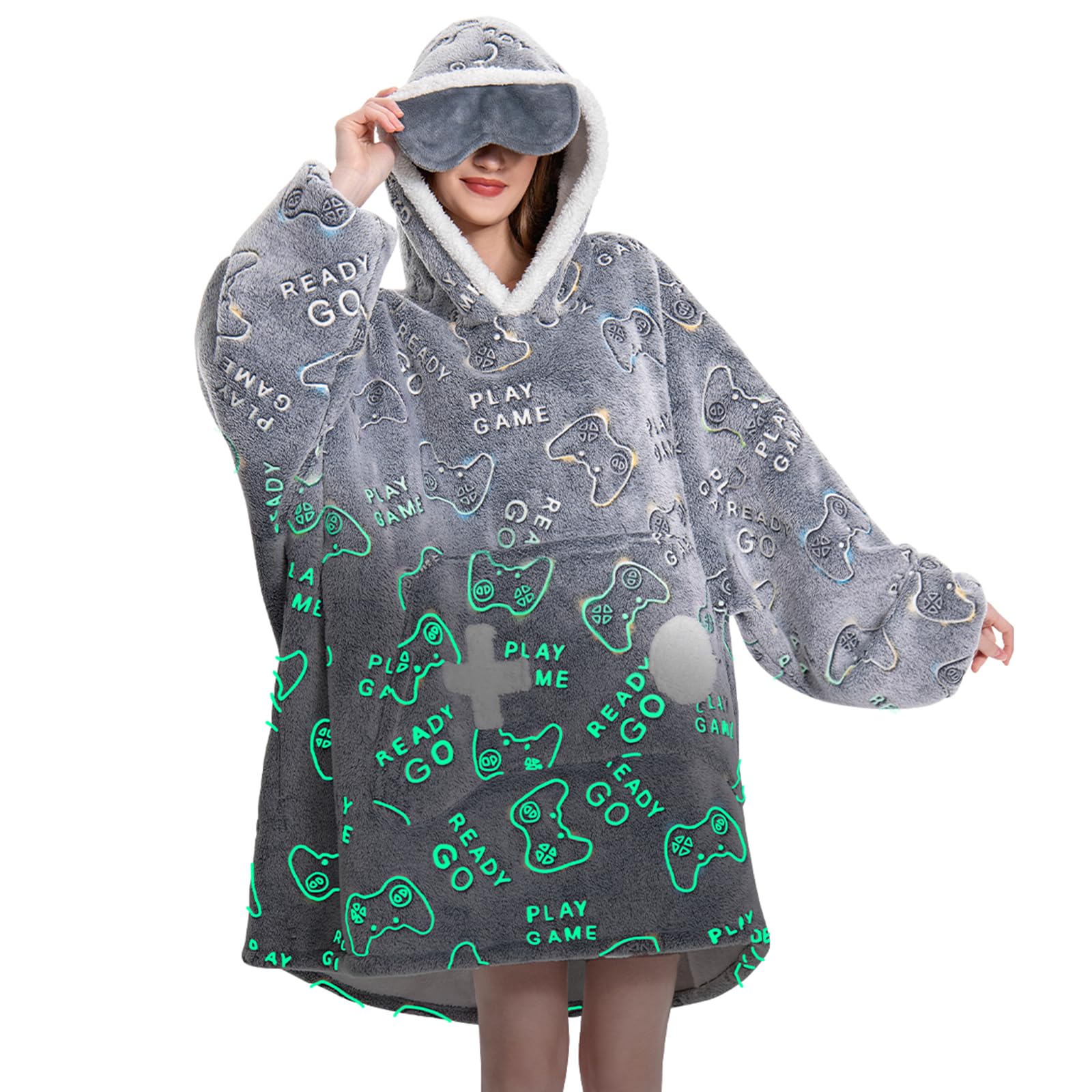 OLAOLA Oversized Blanket Hoodie, Glow in the Dark Wearable Blanket with Pockets, Perfect for Christmas & Birthday Celebrations - Adults, Game Controller
