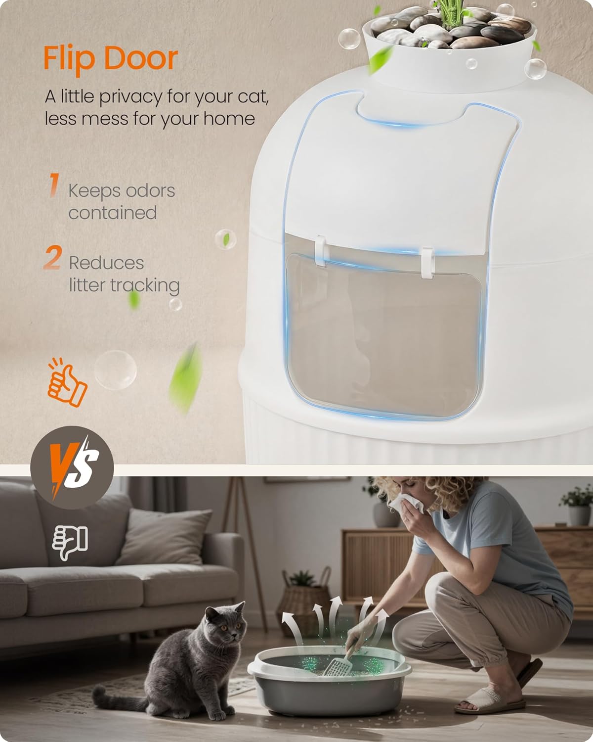 Feandrea Plant Cat Litter Box Enclosure with Artificial Plant, Enclosed Hidden Litter Box Furniture with Door, Carbon Filter, Odor Control, Pebbles, Scoop, Brush, Cloud White UPPT006W101