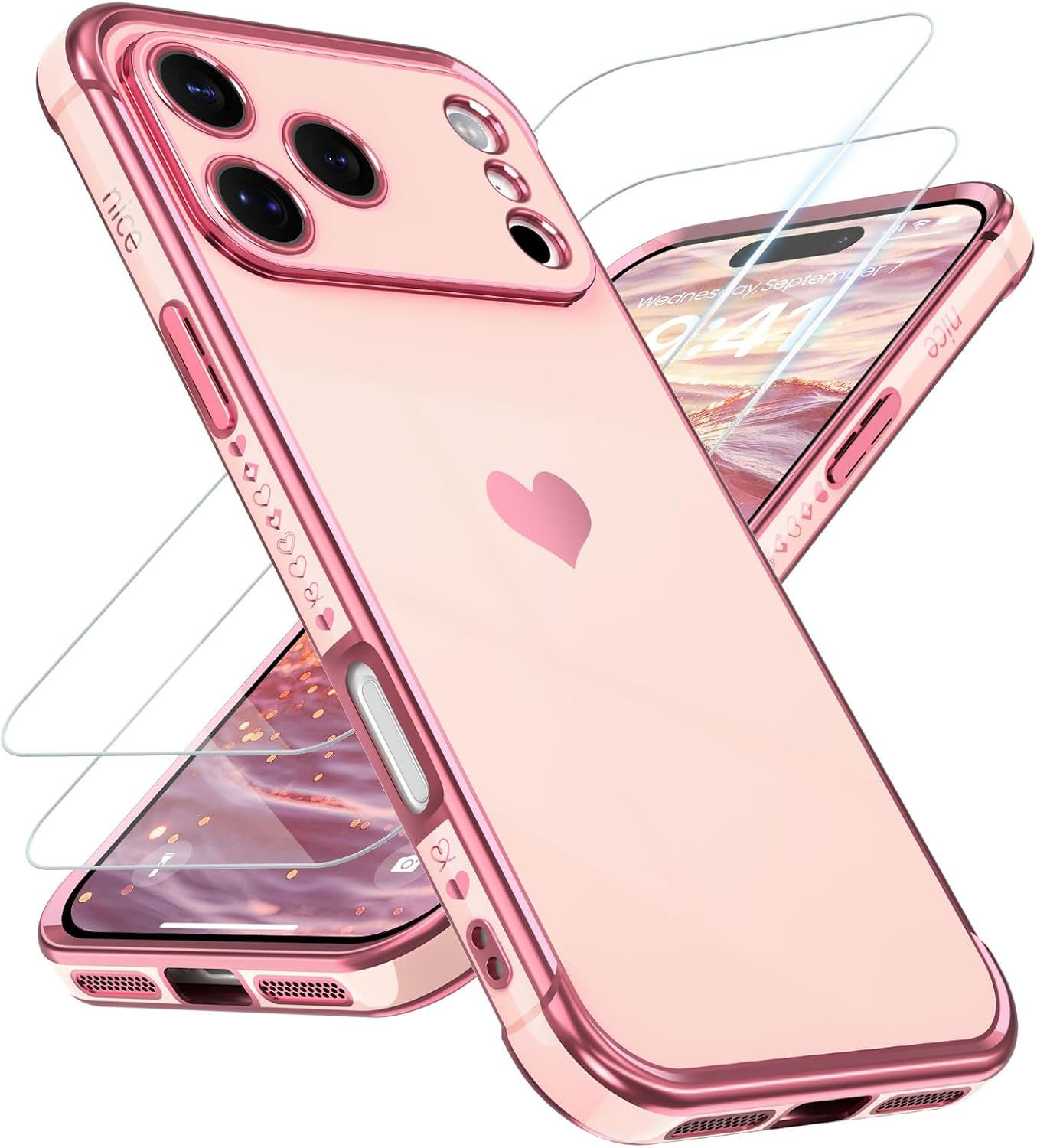 Compatible with iPhone 17 Pro 6.3", Phone Case Small Love Heart with Screen Protector, Luxury Plating Cute Phone Cases Soft TPU Pattern Print Design Shockproof Protection Cover for Women Girls, Pink