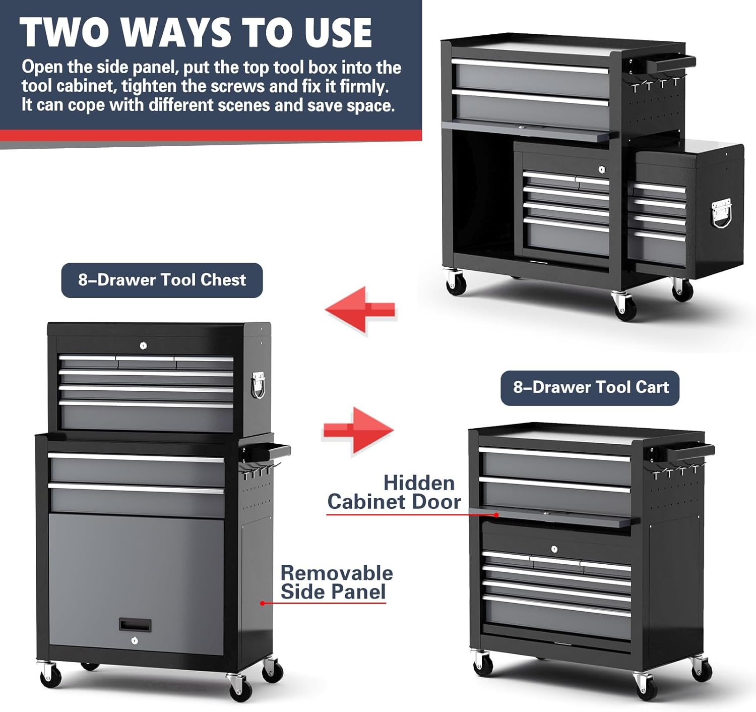 Tool Chest 8-Drawer | 42'' Large Rolling Tool Chest with Wheels | Detachable Top Metal Tool Box | Garage Storage Cabinet for Repair Room,Warehouse | Rolling Tool Box with Hooks,Liners,Tray Divider