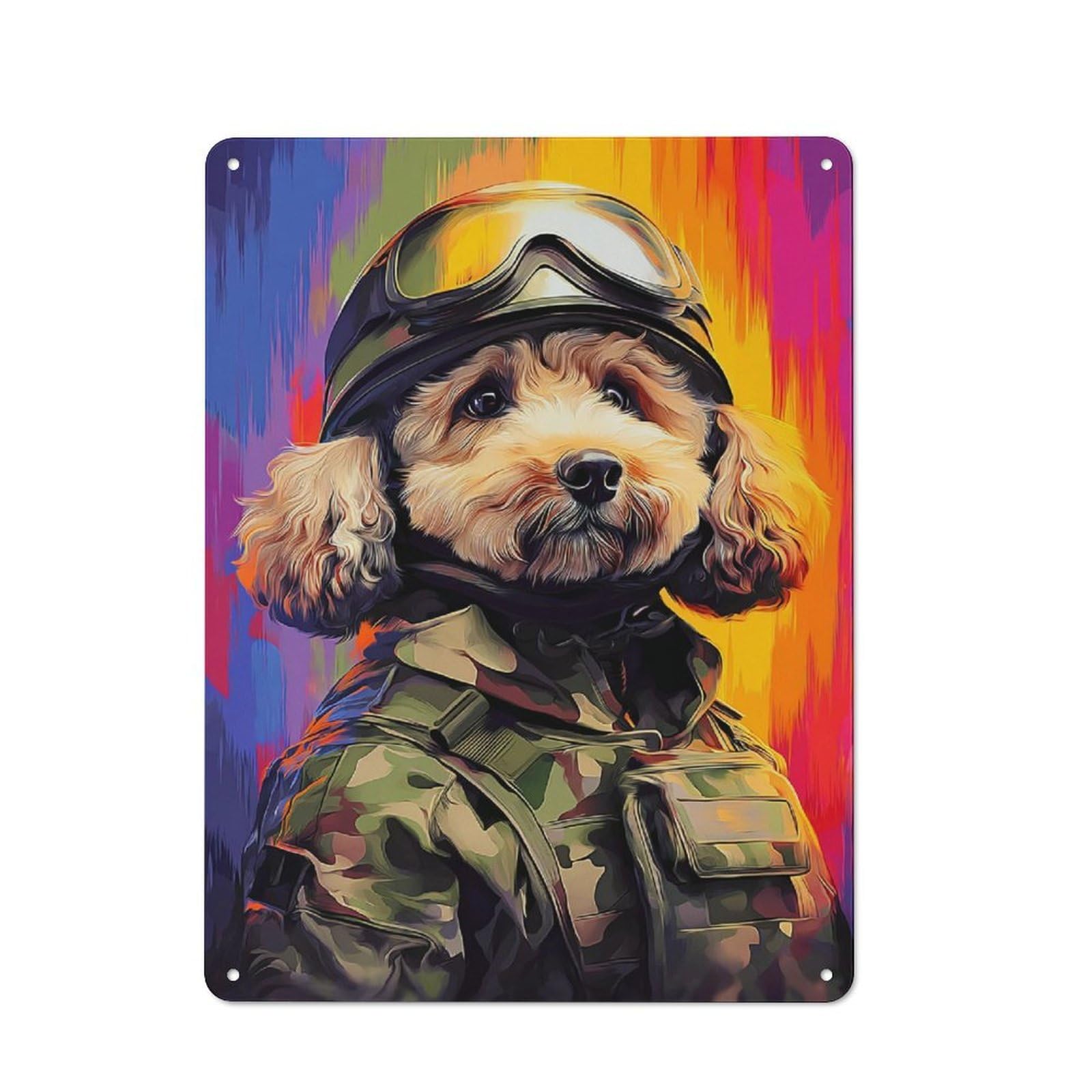 Junmoney Heroic Pup In Camo Gear Modern Vintage Metal Wall Decor 40X30cm, Office Metal Sign For Office, Study, Studio Or Hallway