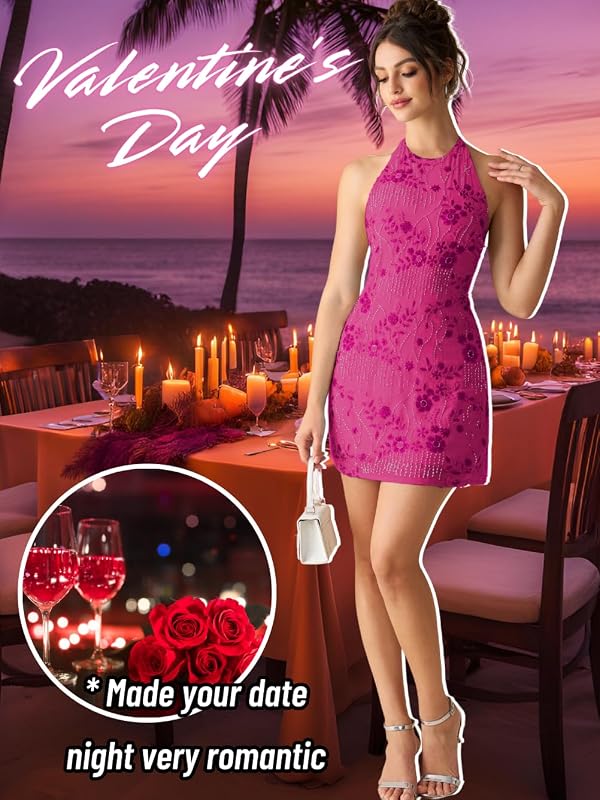 EHSUYAB Women 2000S Beaded Mini Dress Backless,Sparkly Sequin Rhinestone Floral Embellished Dresses,Homecoming Cocktail Party Hot Pink Medium by EHSUYAB - Used condition - Image 5