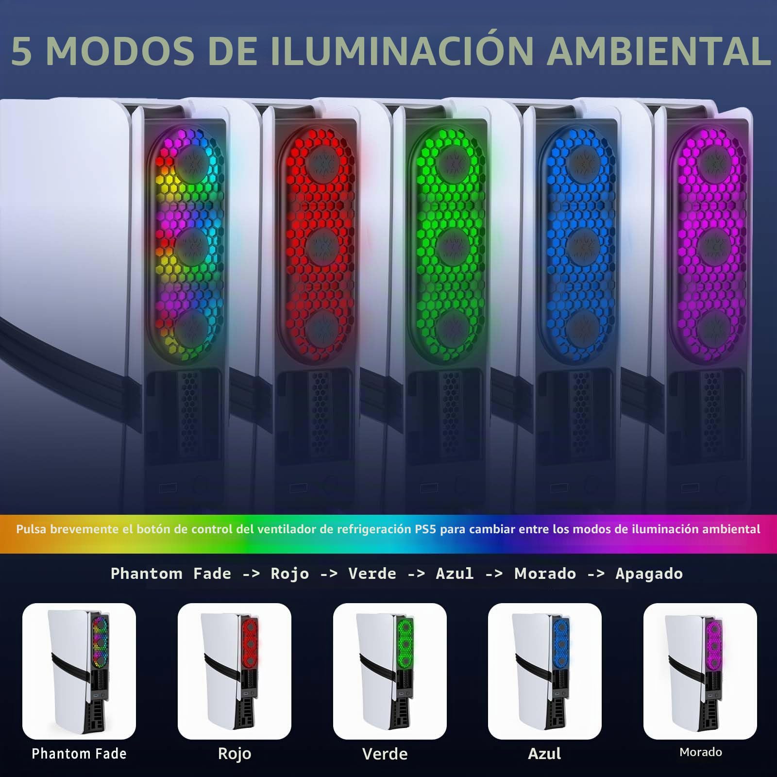 Ventilador para PS5 Slim/ PS5 Pro, Ventilador de Refrigeración para PS5 Pro/ PS5 Slim con luz LED & Detección automática de temperatura, Refrigeracion para PS5 Pro/Slim Disc y Digital Ediciones