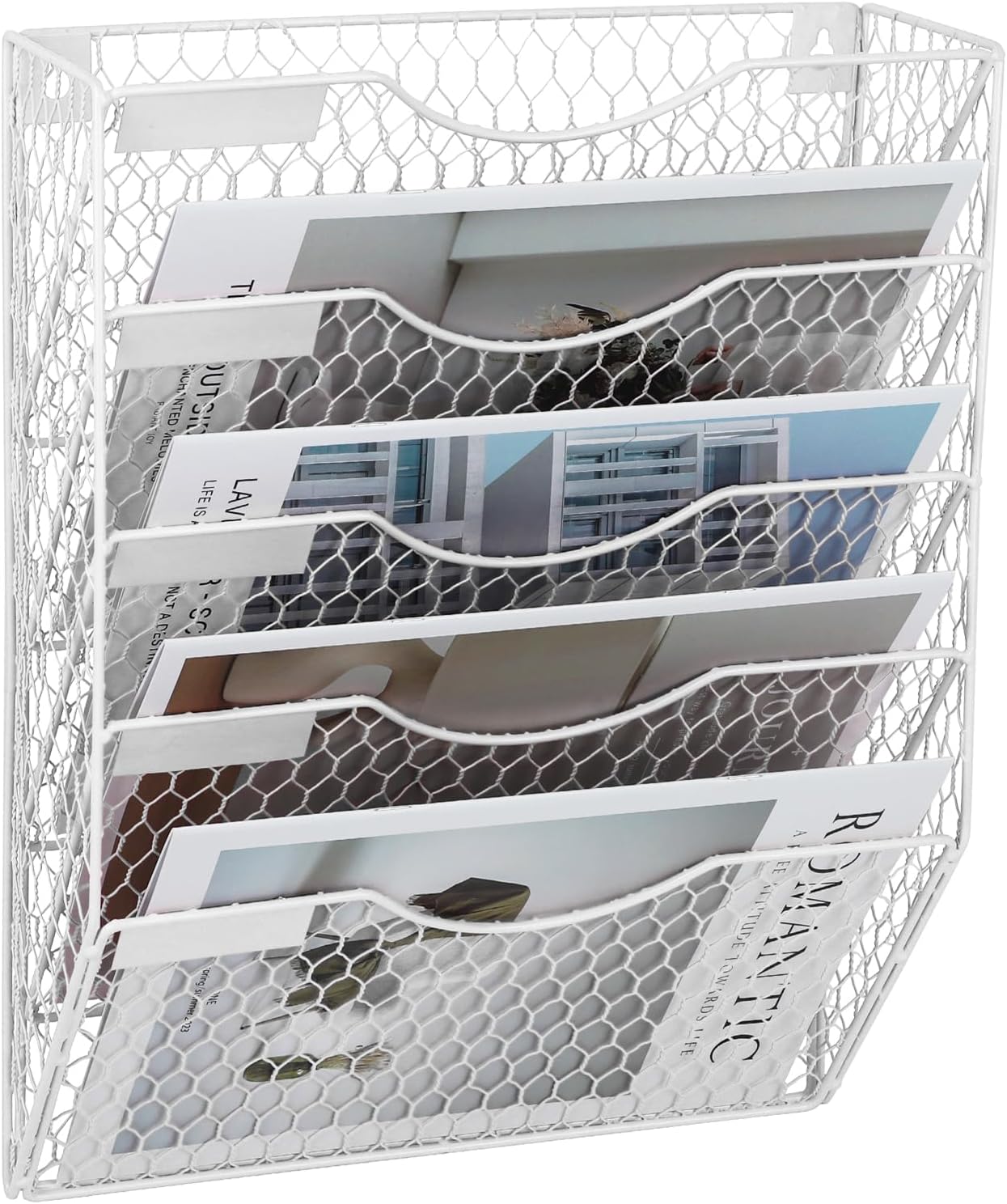 EASEPRES Mail Organizer Wall Mount Hanging File Holder Storage, Metal Chicken Wire Magazine Rack 5 Tier, Pink